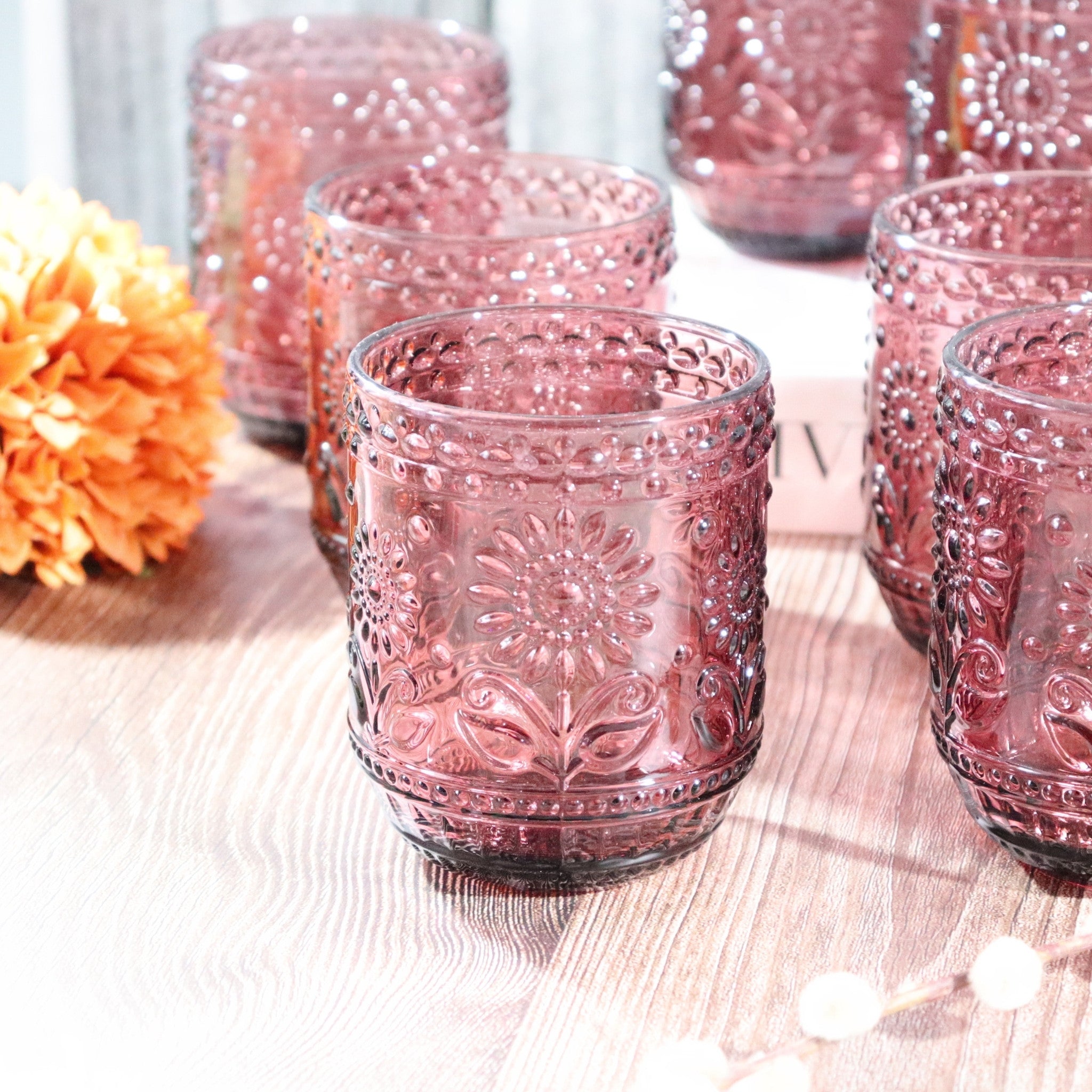 Purple Floral Embossed Glass Tumbler