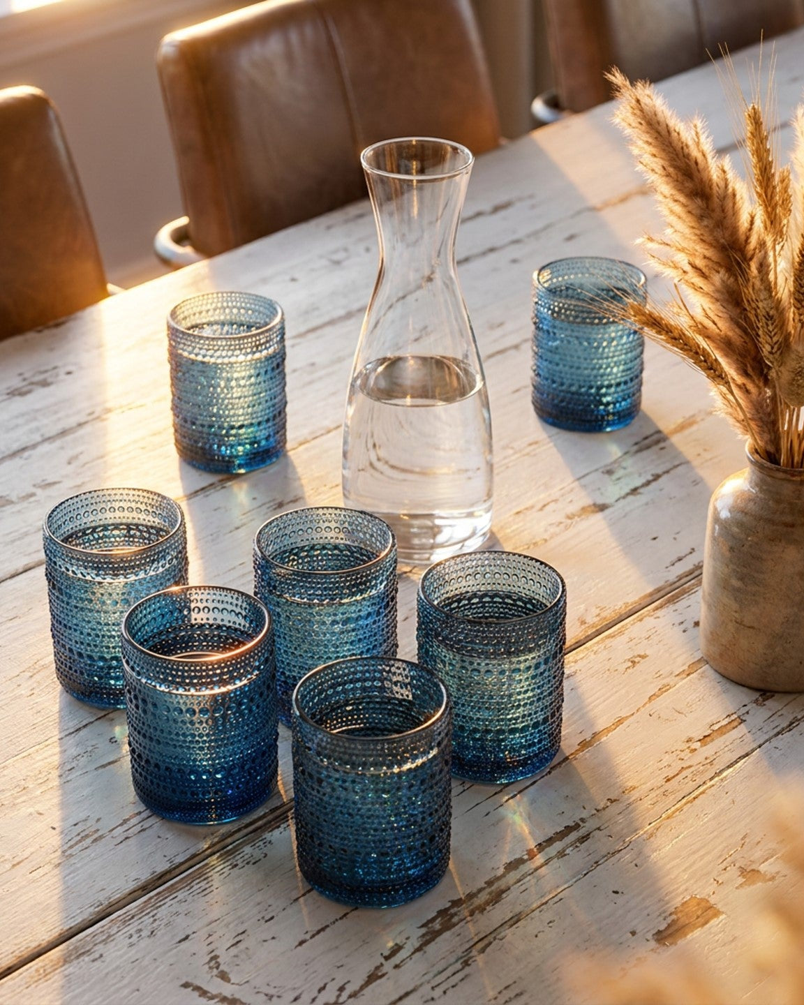 Set of blue textured glass tumblers on a wooden surface with 'feels like HOME' book.