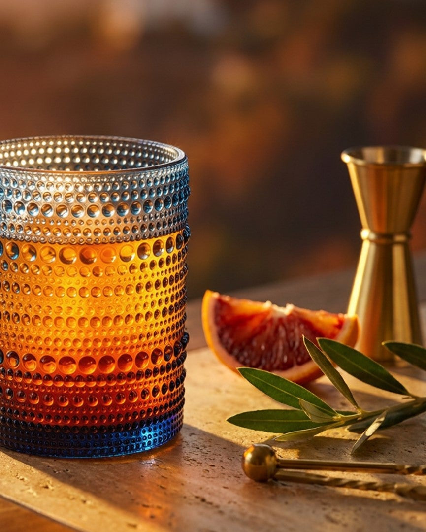 Set of blue textured glass tumblers on a wooden surface with a white background