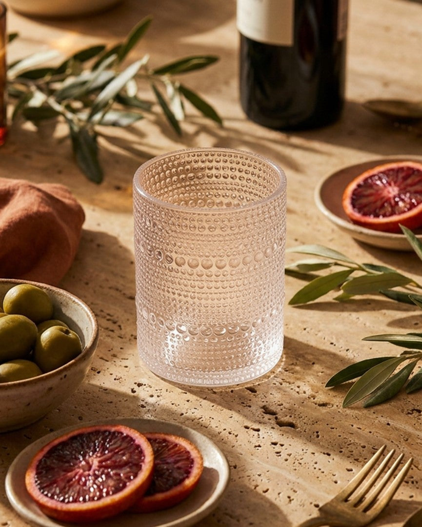 Two textured beaded hobnail rocks tumblers on a wooden surface with a book in the background.