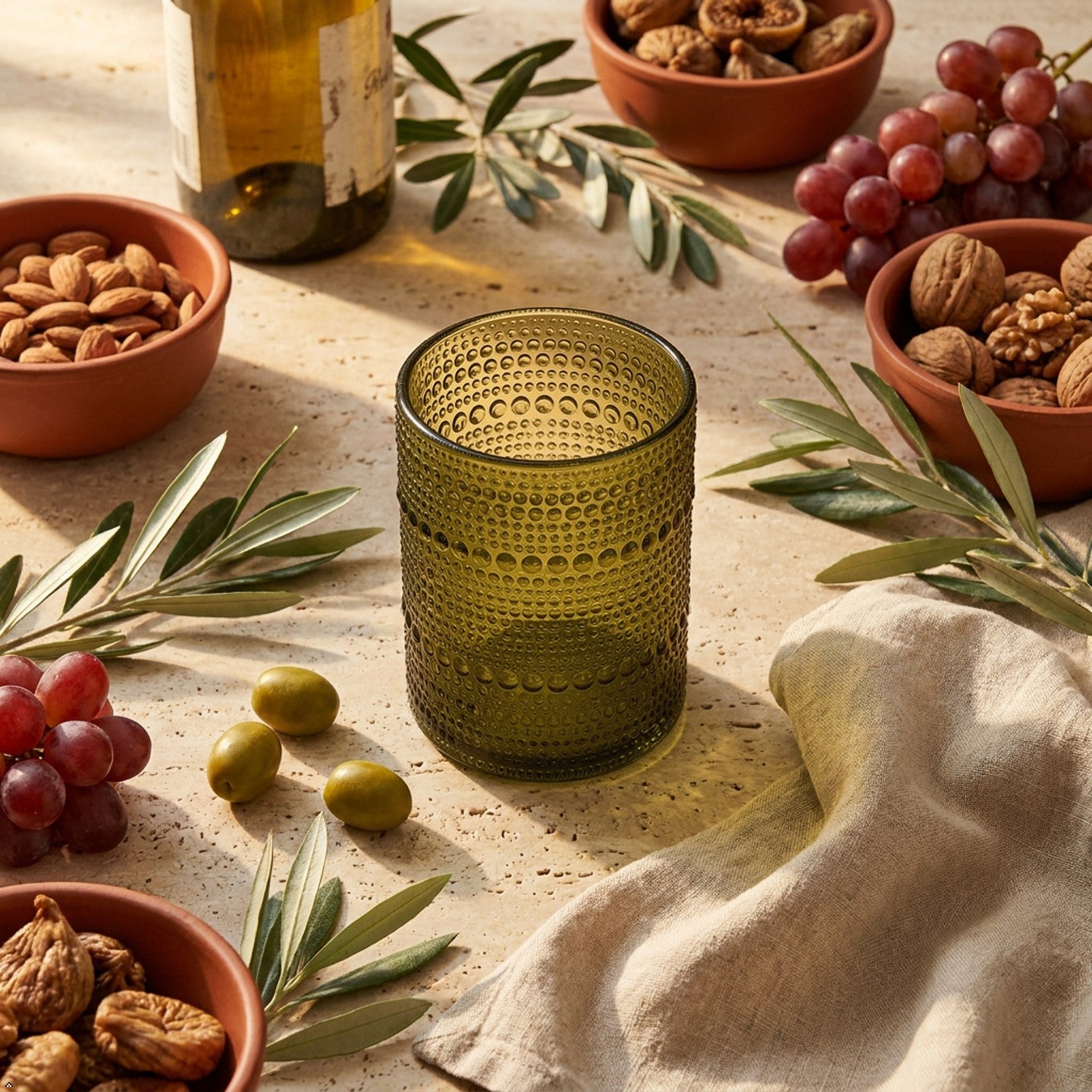 Green textured glass on a table with bowls of nuts, grapes, and olive branches.