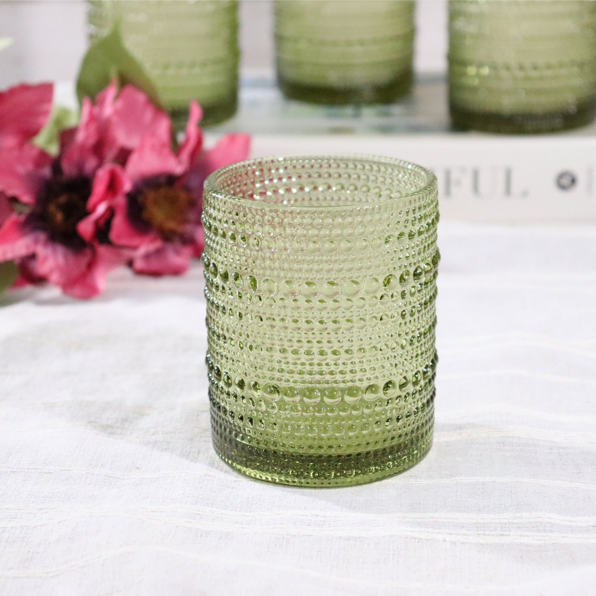 Green Hobnail Bead Old Fashioned Glass Tumbler