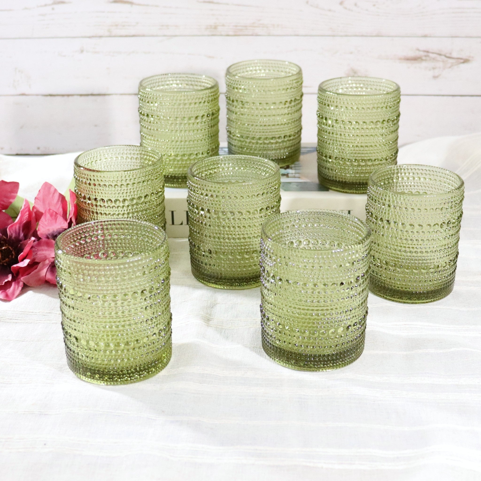 Green Hobnail Bead Old Fashioned Glass Tumbler
