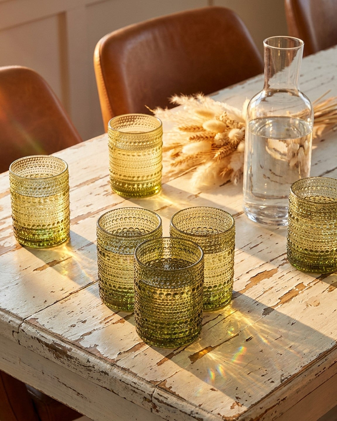 Set of green glass tumblers on a rustic wooden table with a carafe and wheat.