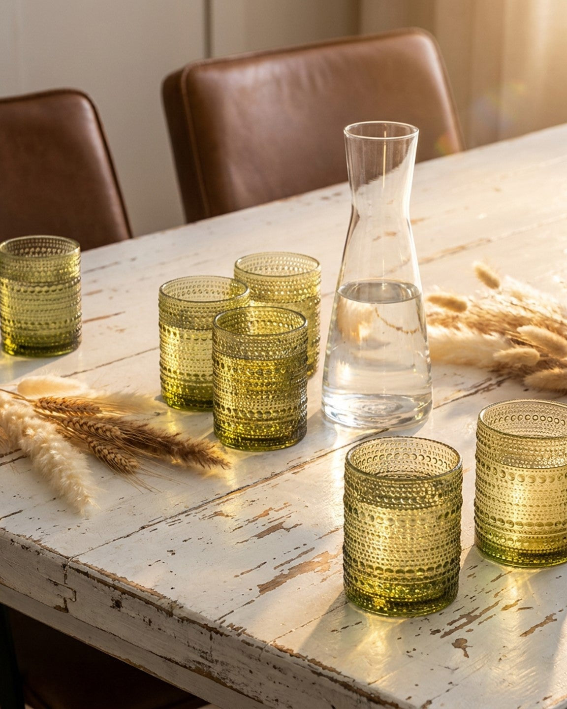 Set of green textured glass tumblers on a white surface with a magazine underneath.