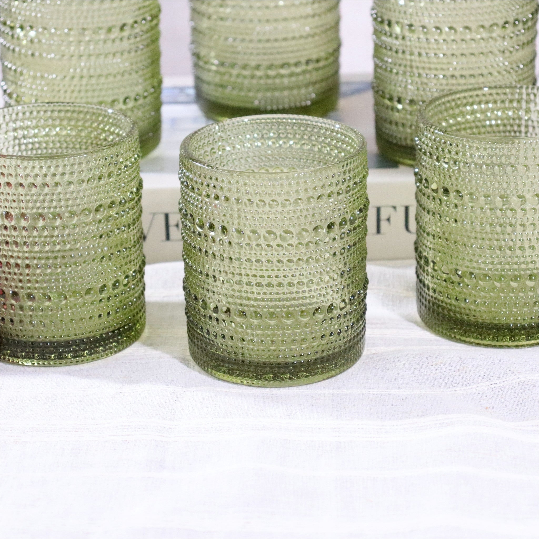 Green Hobnail Bead Old Fashioned Glass Tumbler