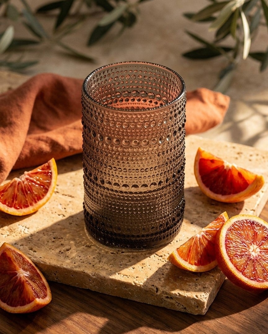 Set of grey hobnail jupiter bead hi-ball tumblers on a wooden surface with a decorative box and greenery.