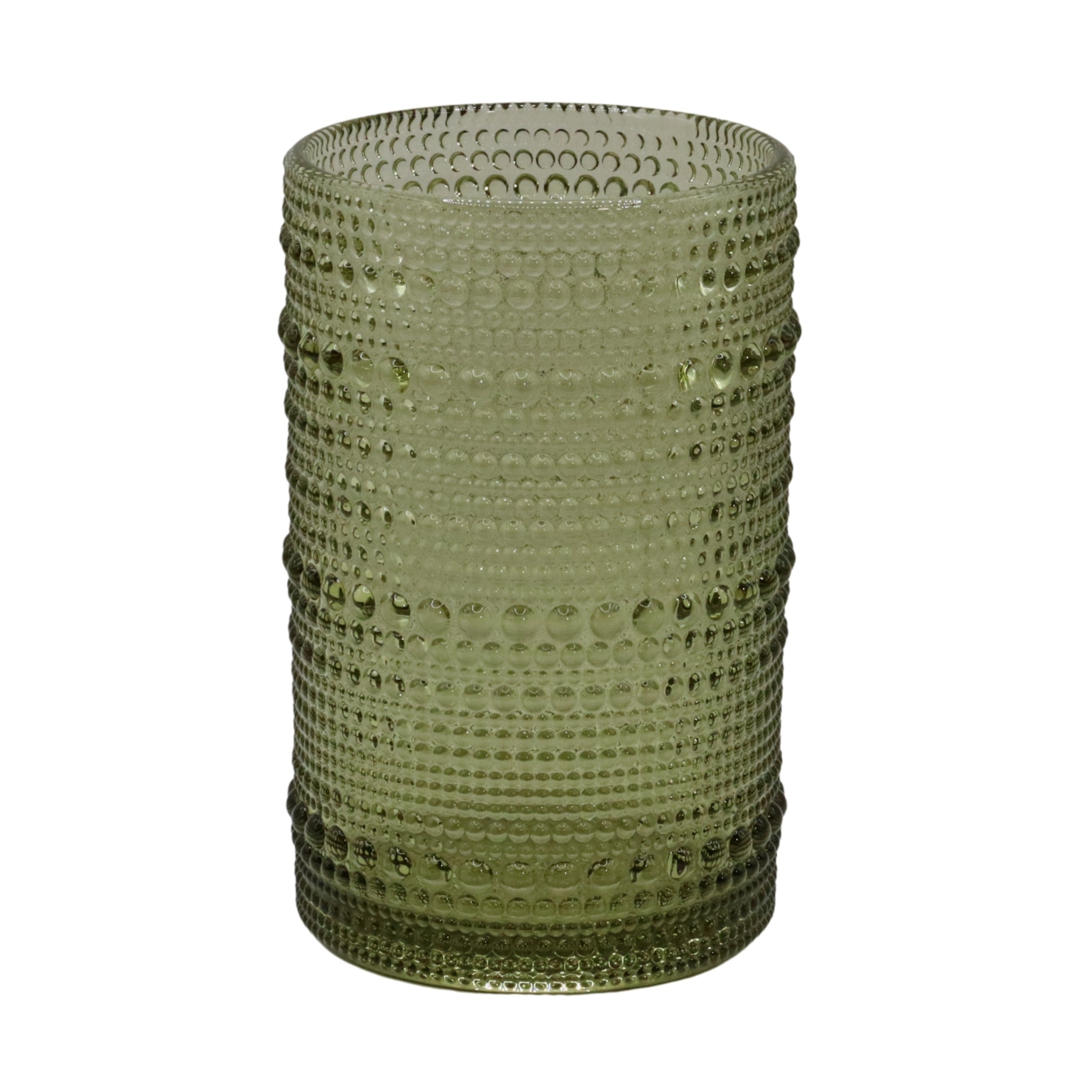 Green hobnail glass vase on a white background