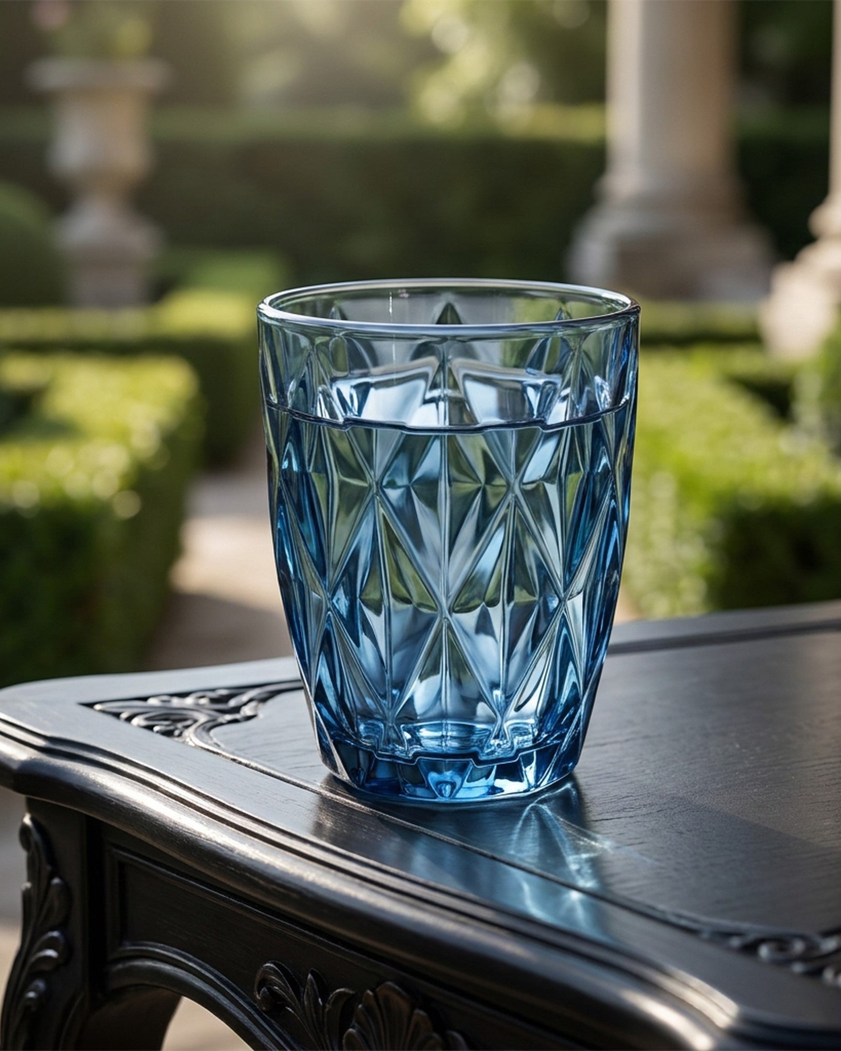 blue glass tumblers on a black surface with green bushes in background