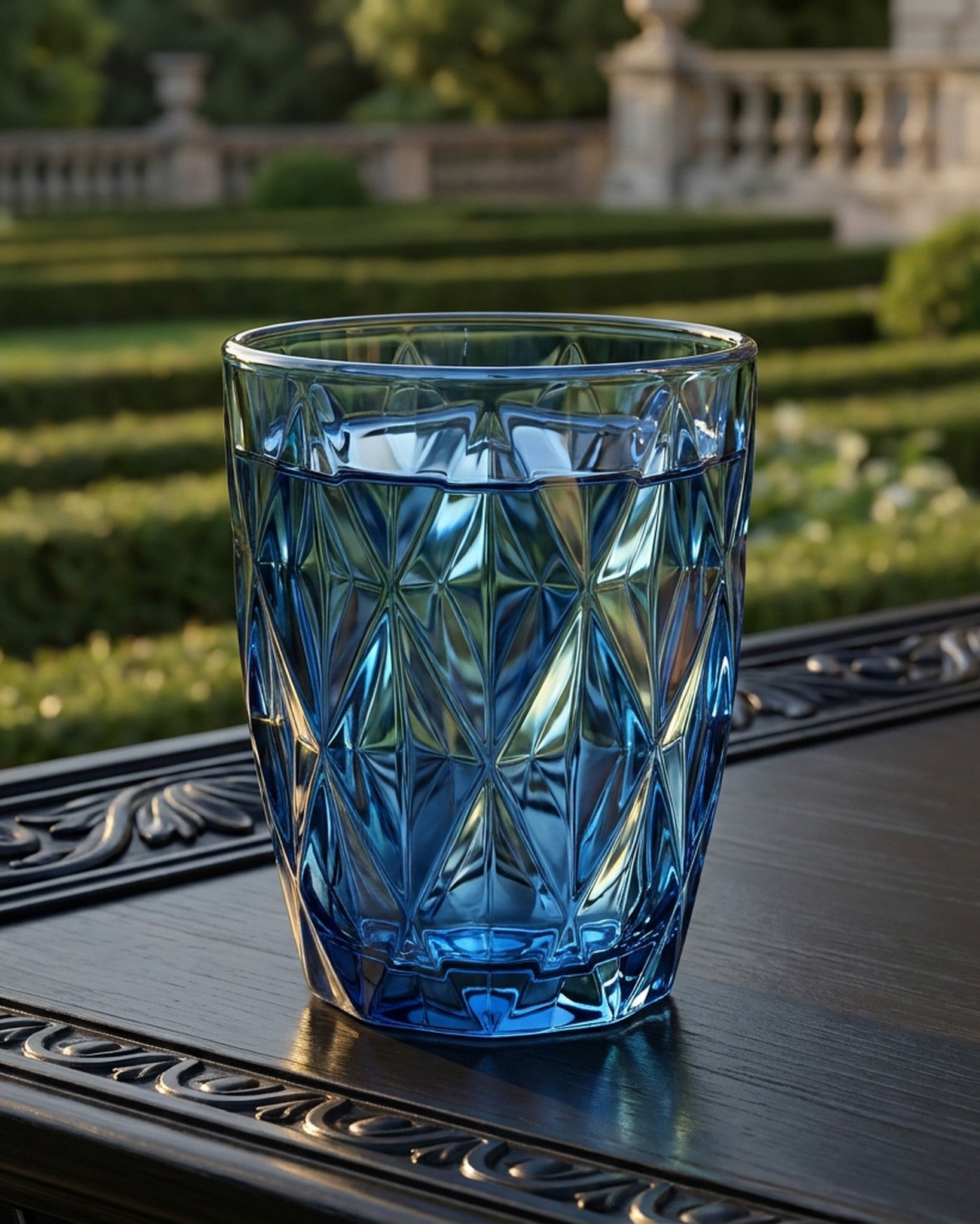 Set of blue textured glass tumblers on a light surface with decorative elements.