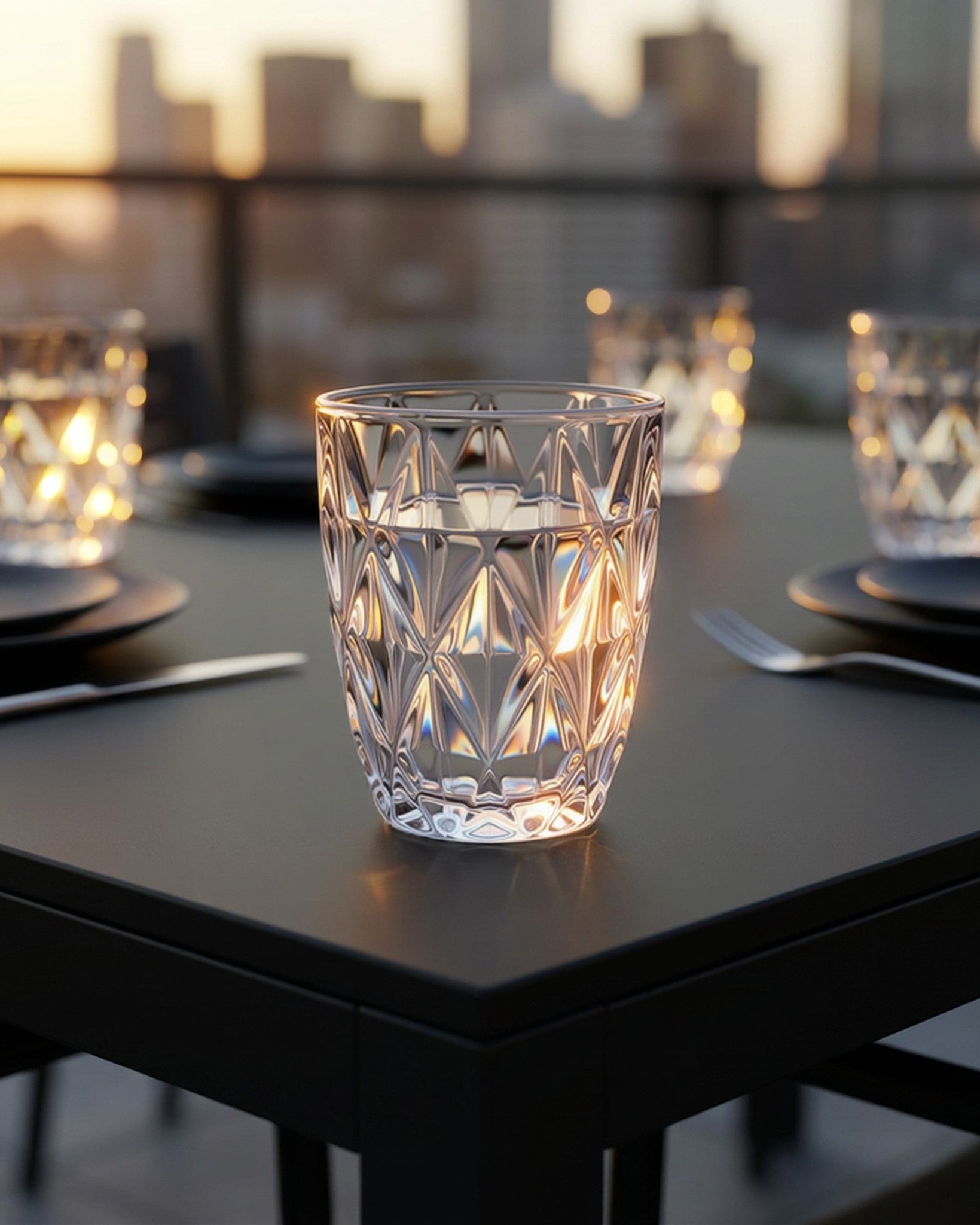 Clear glass tumblers with diamond cut pattern on a wooden surface with flowers and text in the background