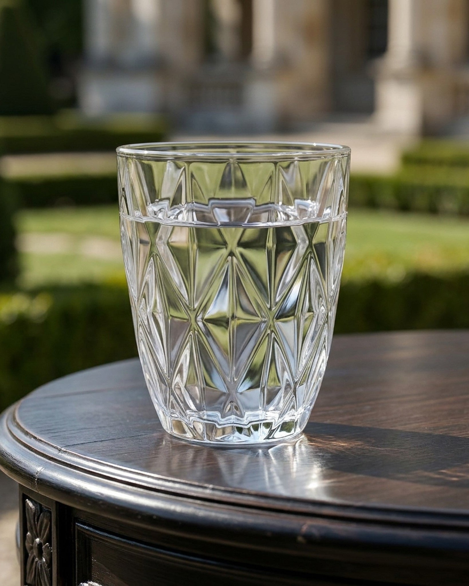 Set of crystal glasses on a wooden surface with a white background