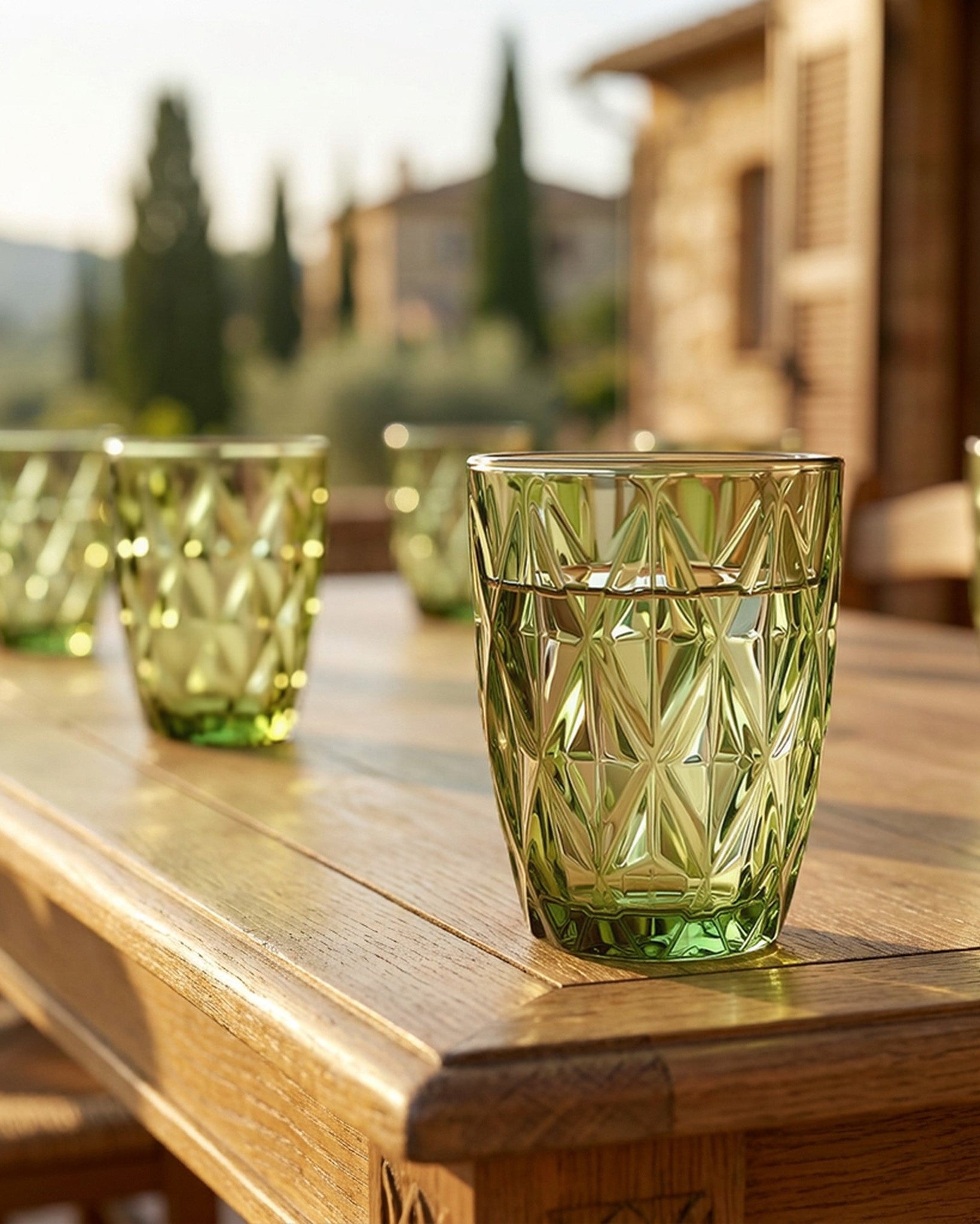 Green glass tumblers on a wooden table outdoors