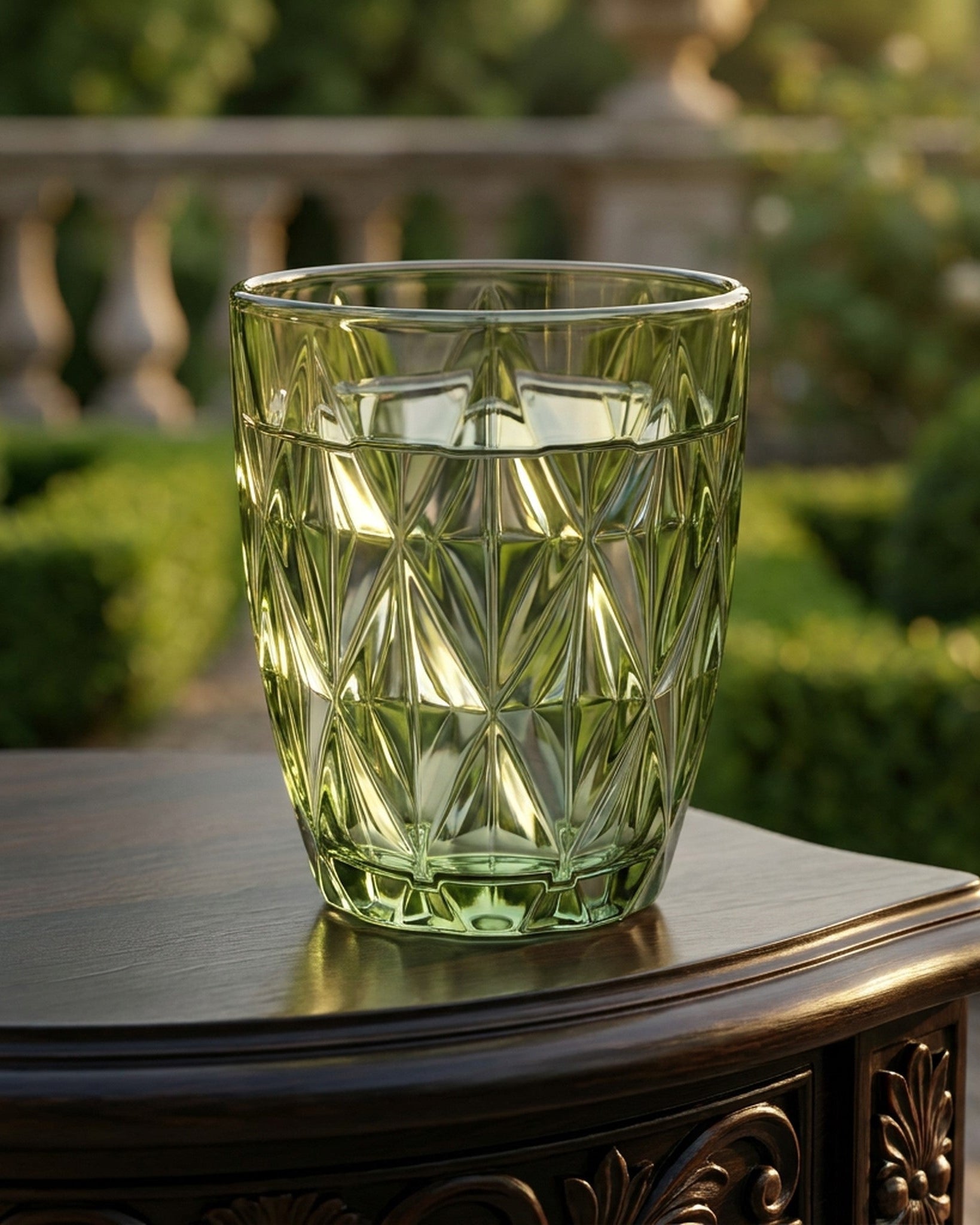Green glass tumbler on a wooden table with a blurred garden background