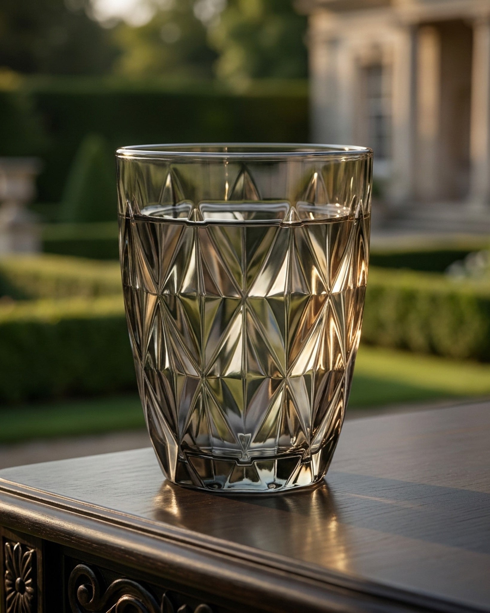 Set of green glass tumblers on a white wooden surface with a small branch of eucalyptus.