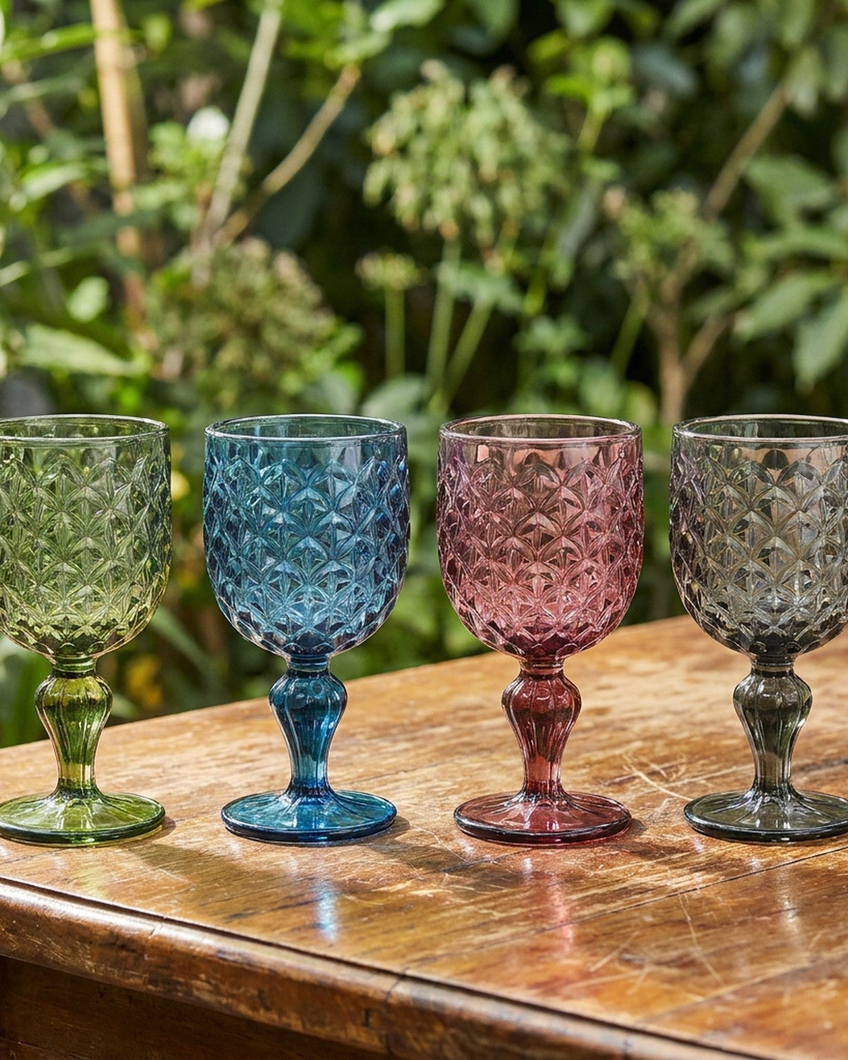 Four colorful glass goblets on a wooden table with a natural background