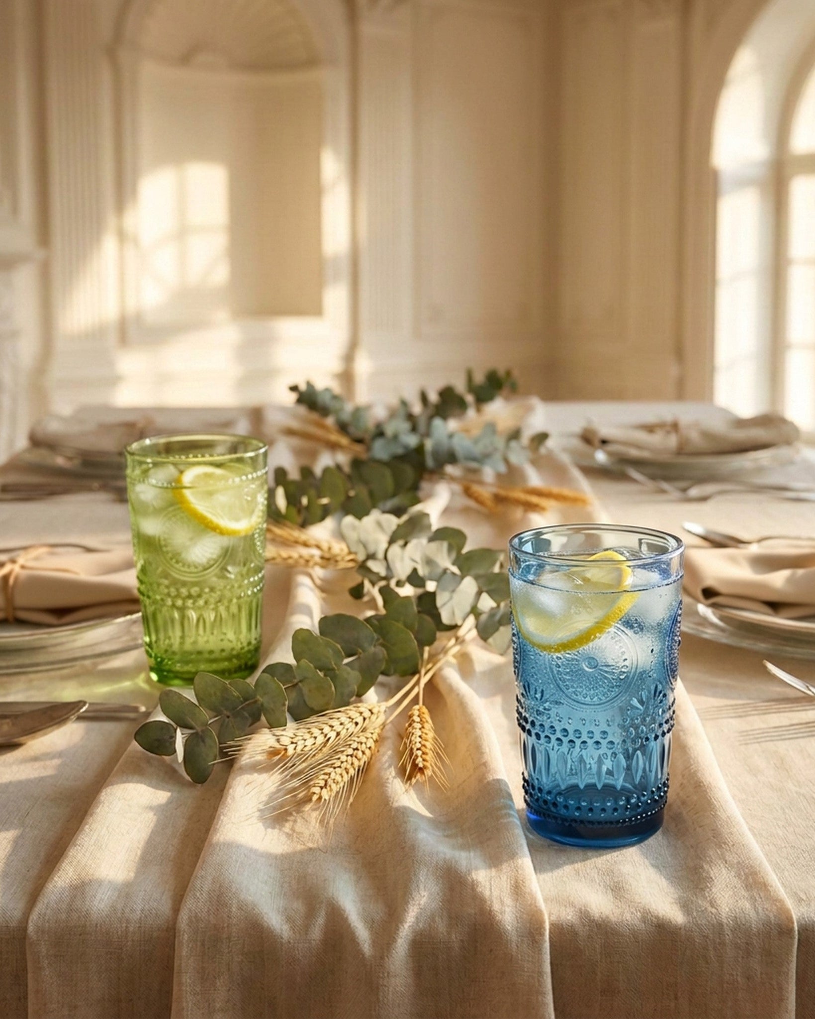 Two textured glass drinking cups on a linen table runner in a softly lit dining room. One cup is translucent green with a lemon slice, and the other is translucent blue with a lemon slice.