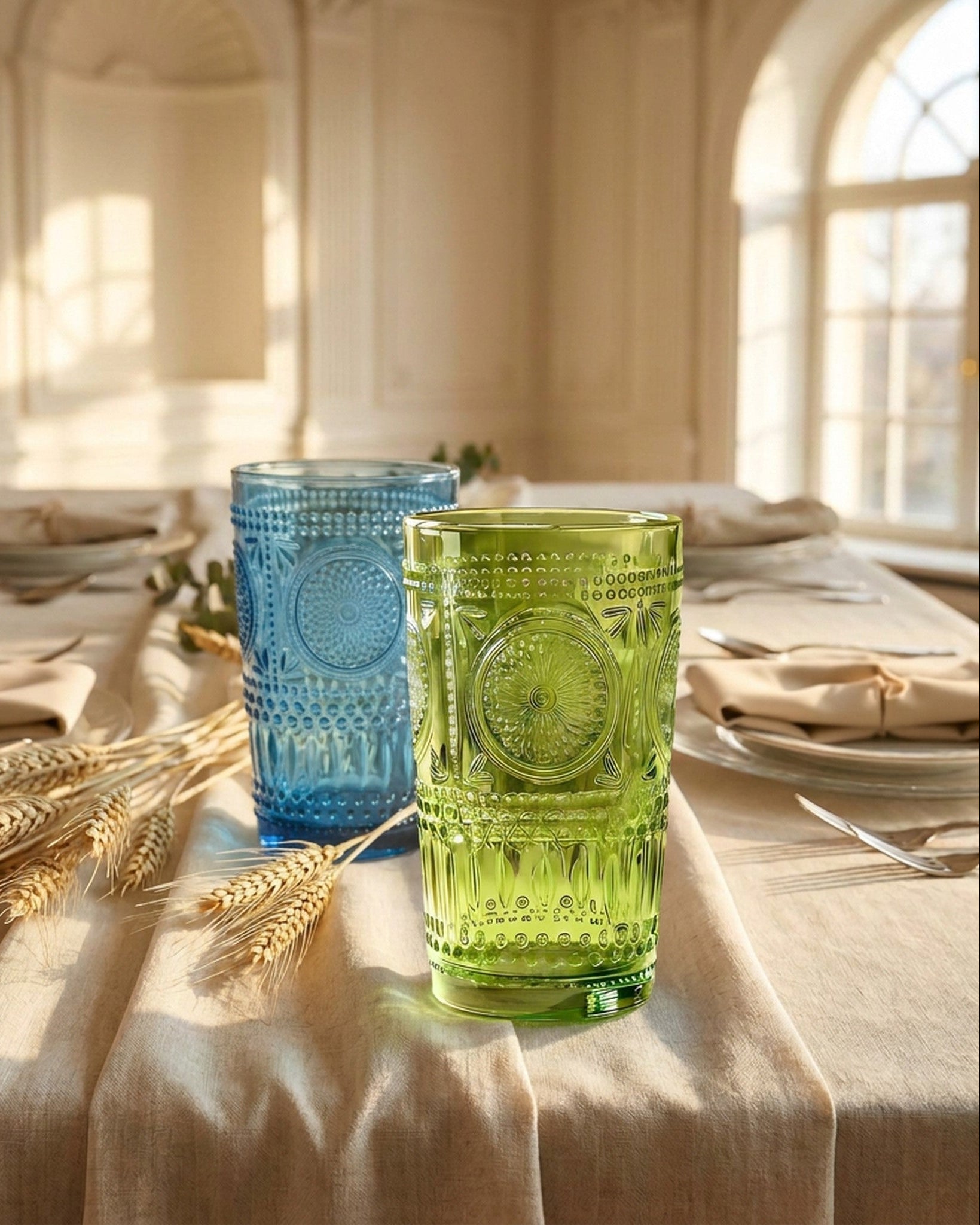 Two embossed glass tumblers, one blue and one green, placed on a linen table runner in a softly lit dining room setting with wheat stems and place settings in the background.