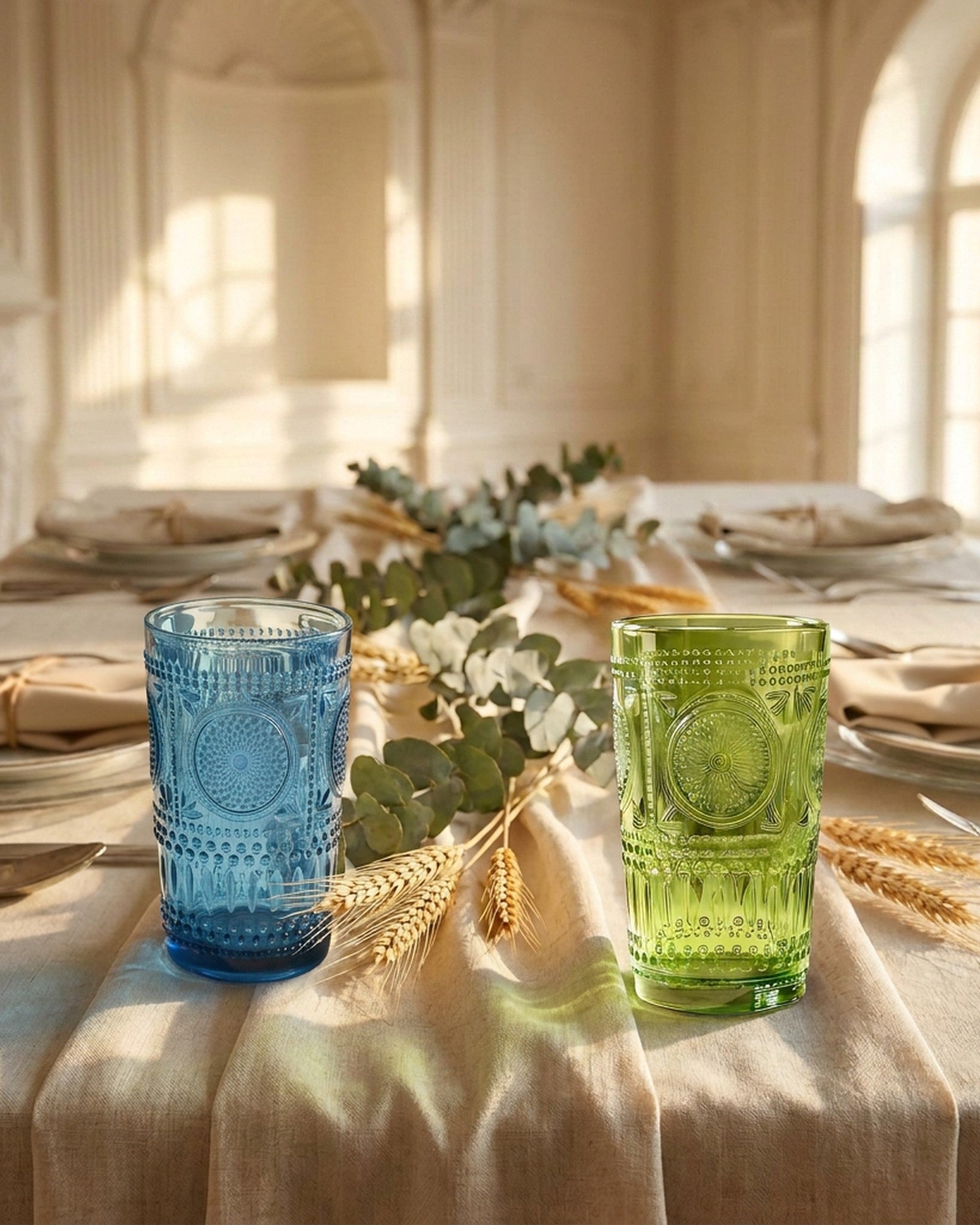 Two embossed glass drinking cups, one translucent blue and one translucent green, placed on a linen table runner in a sunlit dining room setting.