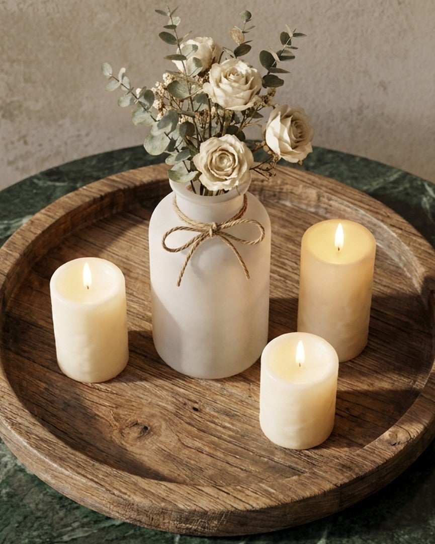 Decorative setting with candles and a vase on a wooden tray on a marble surface.