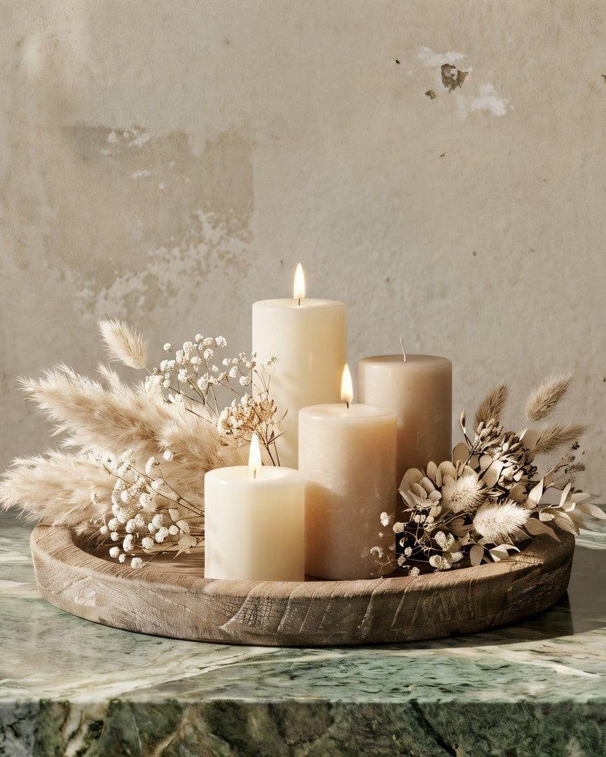 Decorative arrangement with candles and flowers on a marble surface against a textured wall.