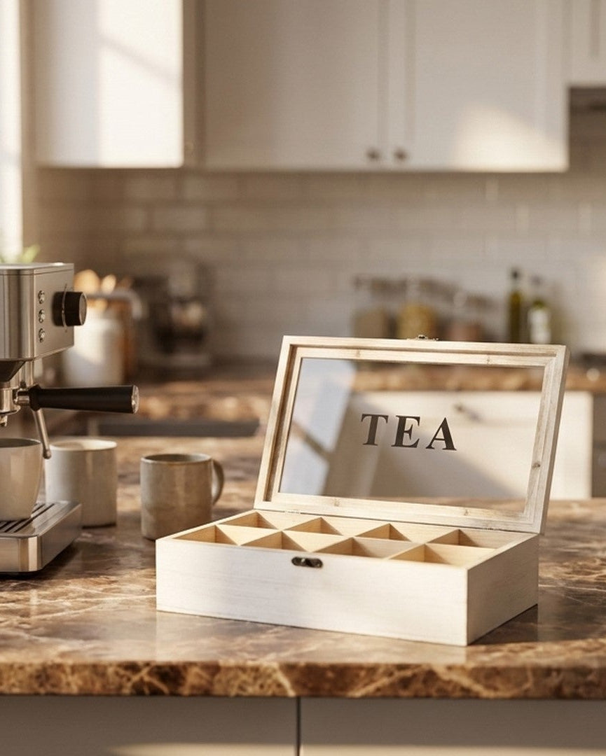 Kitchen counter with a coffee machine, kettle, and wooden tea box.