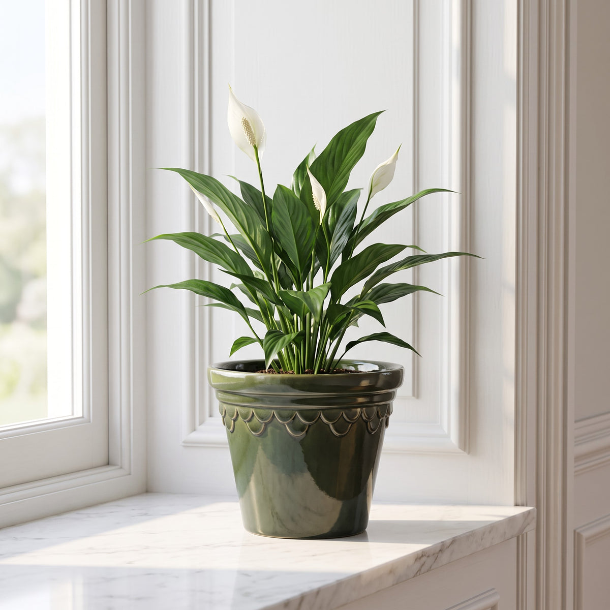 A potted peace lily plant with white flowers sits on a white marble windowsill in a bright, white-paneled room.