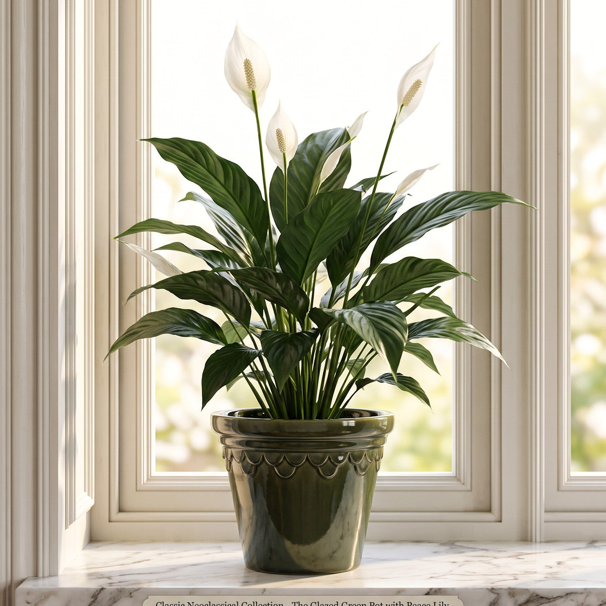A potted power lily plant with glossy green leaves and white flowers sits on a marble windowsill in front of a bright window.