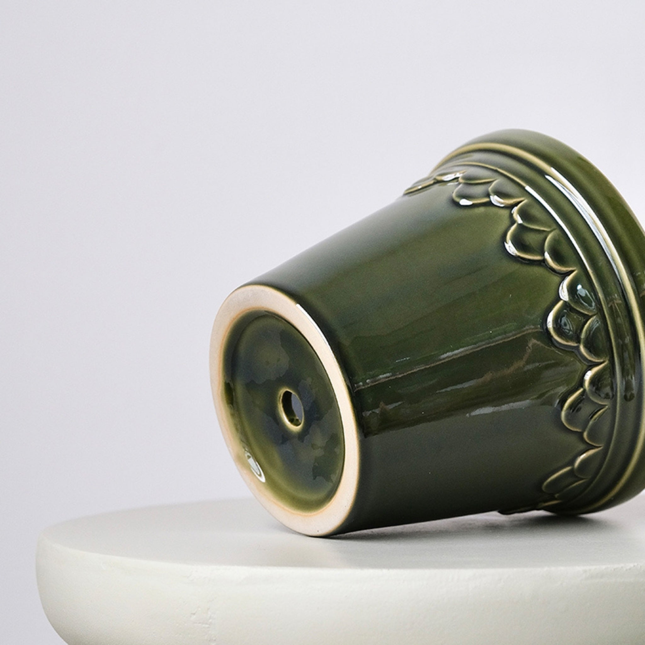 Green ceramic pot with decorative patterns and eucalyptus leaves on a white background