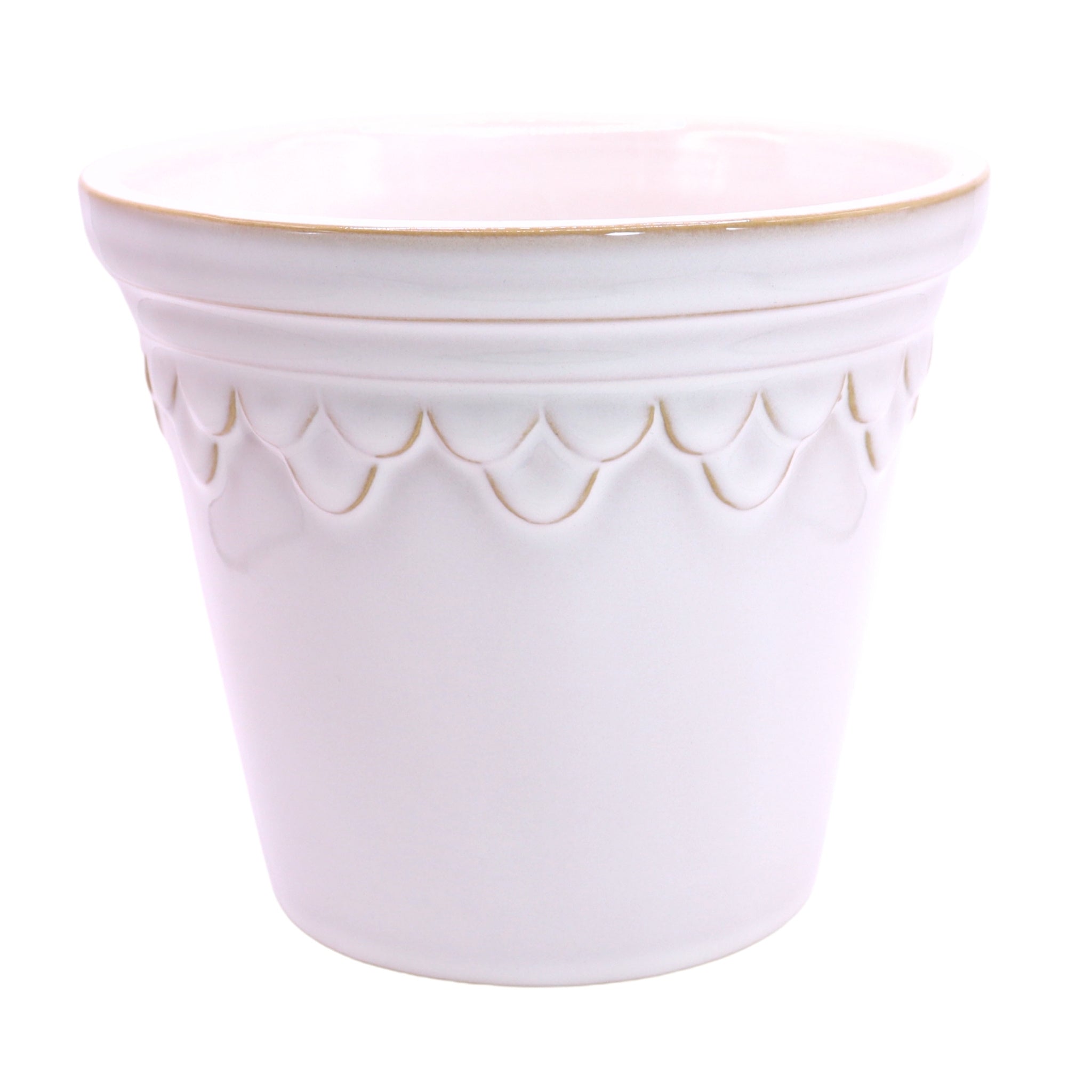 White ceramic pot with decorative scalloped edge on a white background