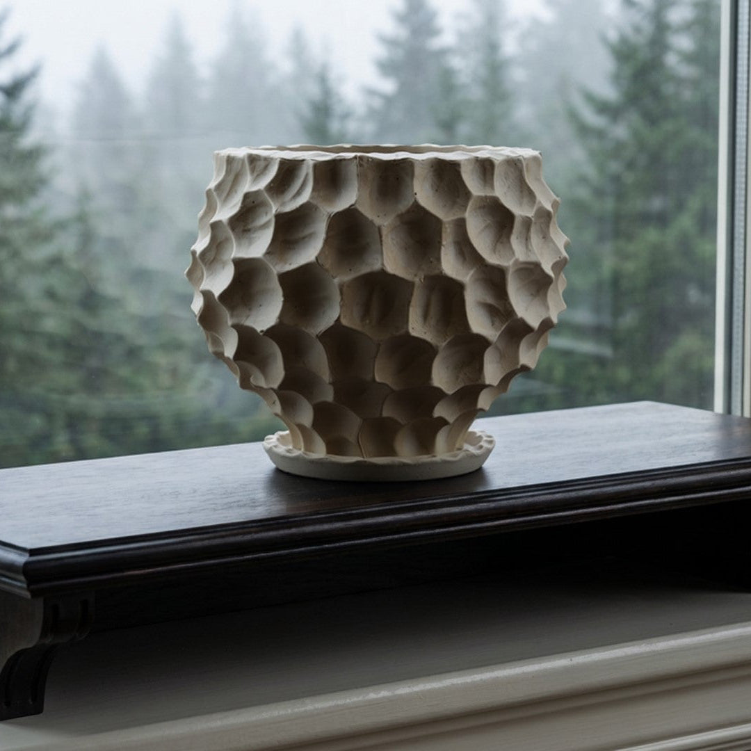 Decorative vase on a wooden shelf with a window view of trees