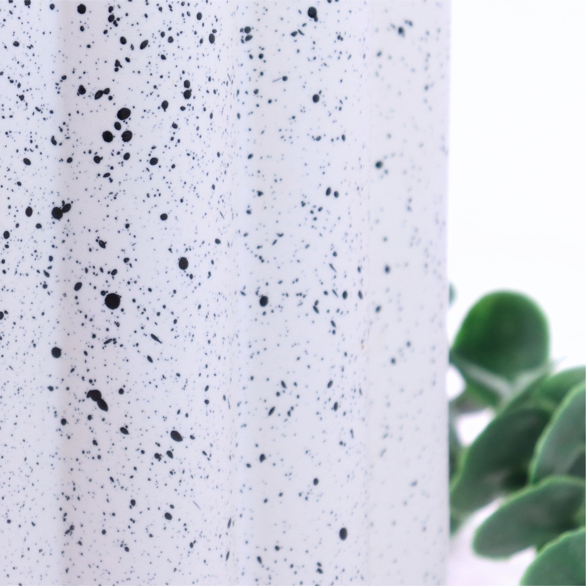 Speckled white vase with black dots next to a green plant