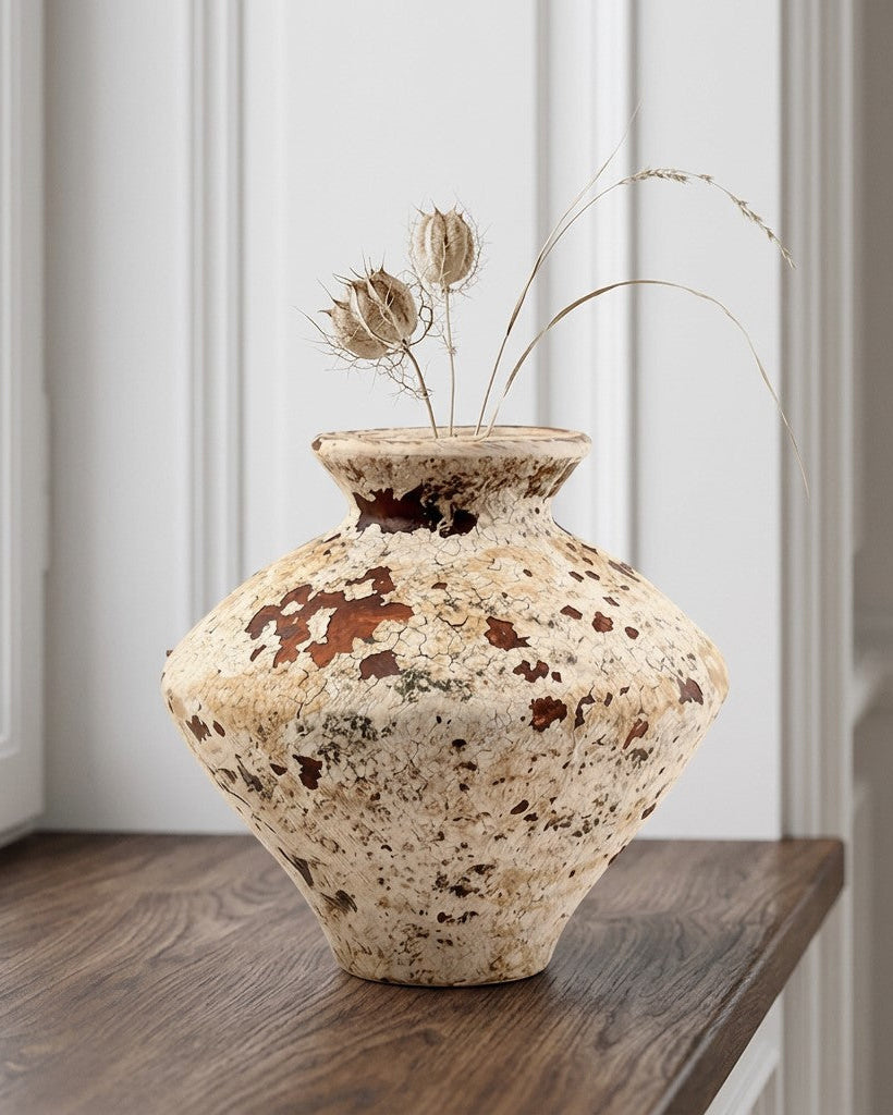 A rustic ceramic vase with a textured beige and brown speckled glaze sits on a dark wood windowsill. The vase is styled with dried botanical stems and is photographed in a bright, modern room with white paneled walls.