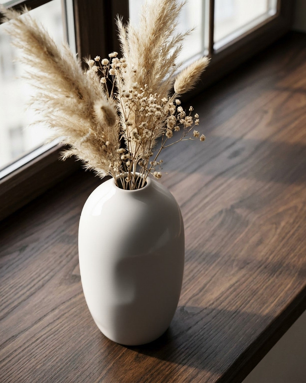 White vase with dried pampas grass on a wooden surface near a window
