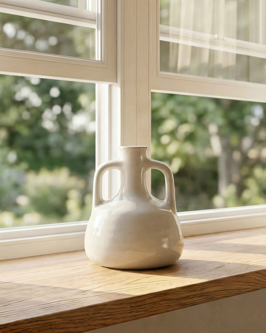 White ceramic vase with handles on a wooden surface in front of a window