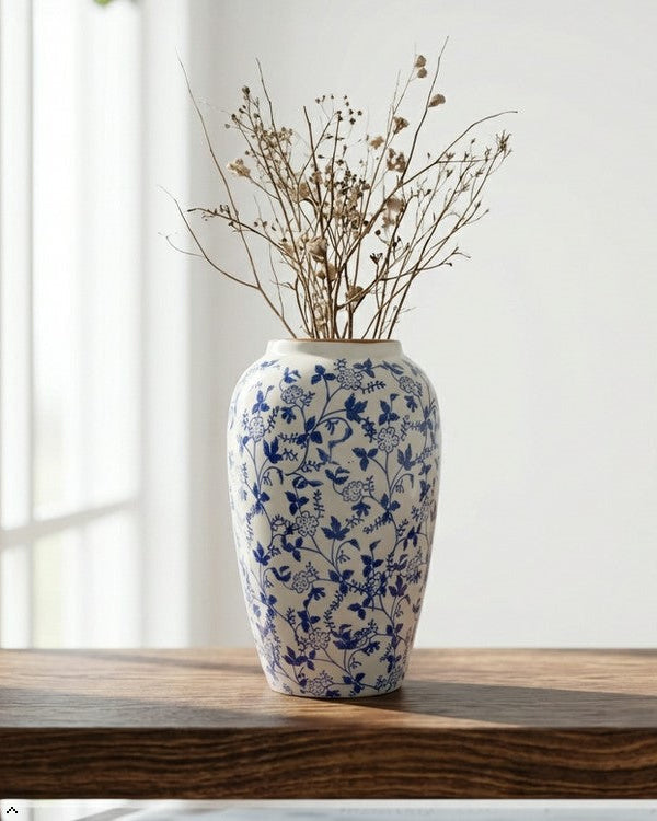Blue and white floral-patterned vase with dried plants on a wooden surface