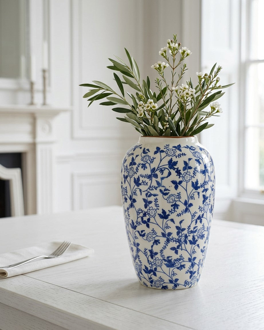 A blue and white floral patterned ceramic vase filled with green leaves and small white flowers, set on a white wooden table in a bright, elegant room.