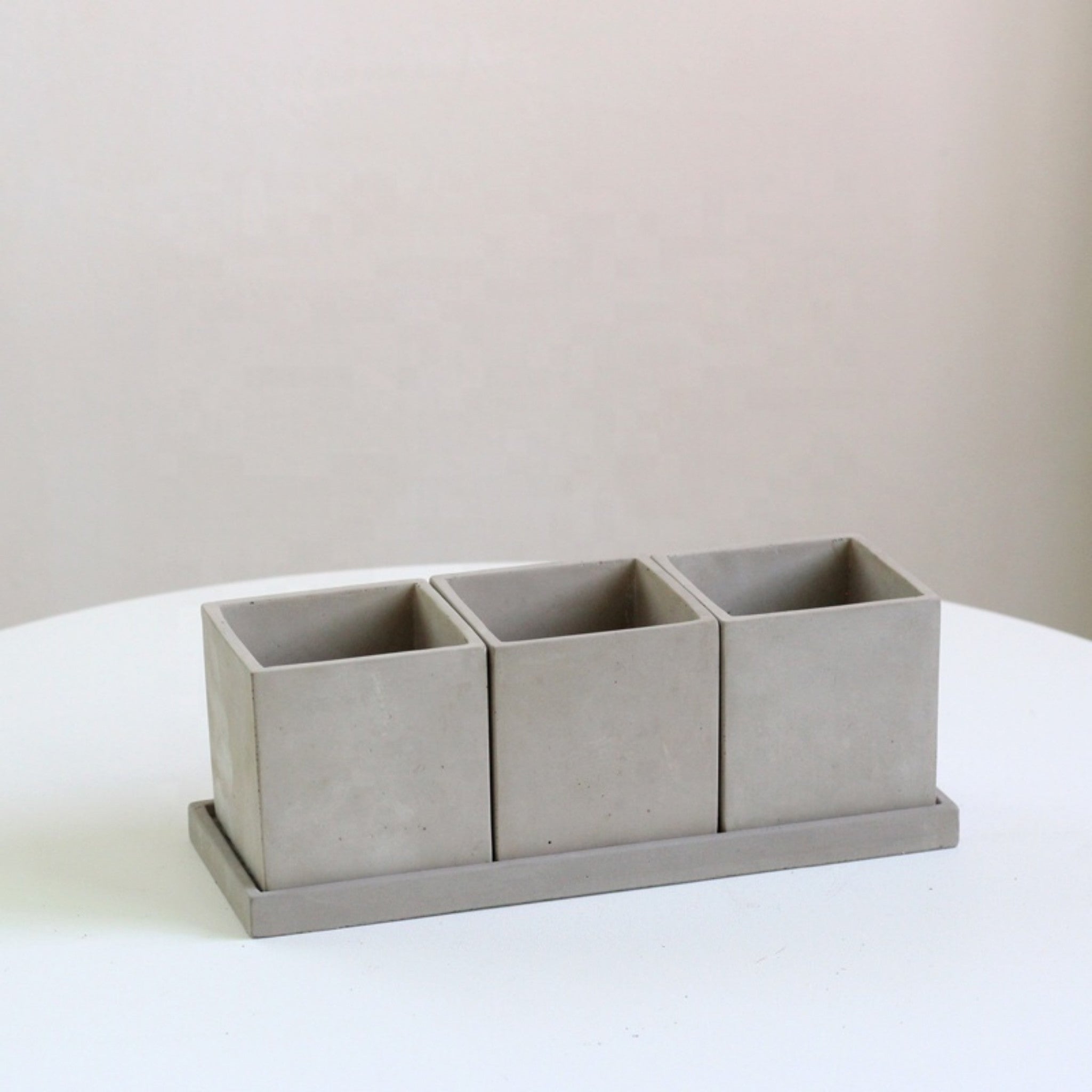 Concrete Square Planter Plant Pot Set with Tray – 3-Piece Herb & Succulent Holder