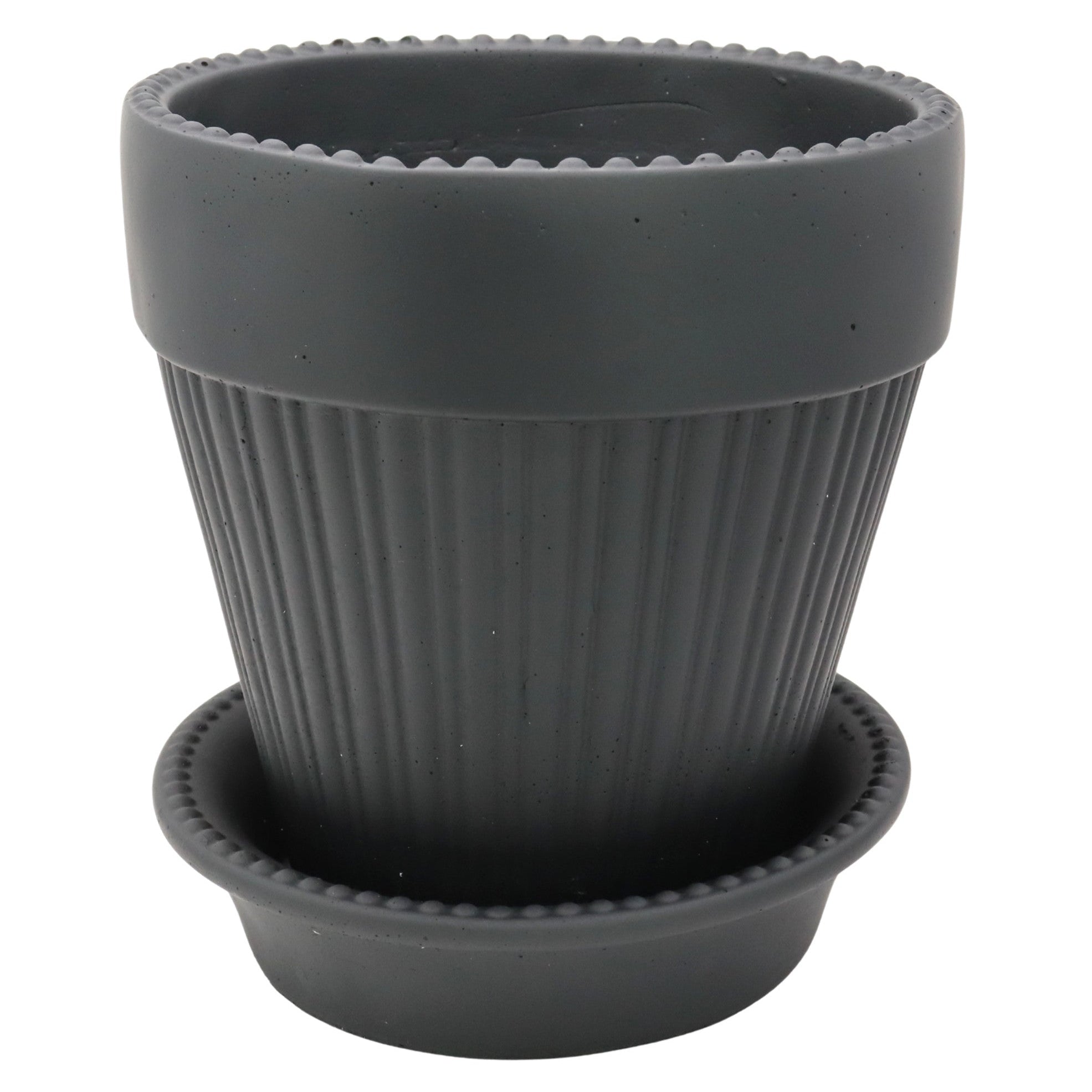 Black ribbed pot with matching saucer on a white background