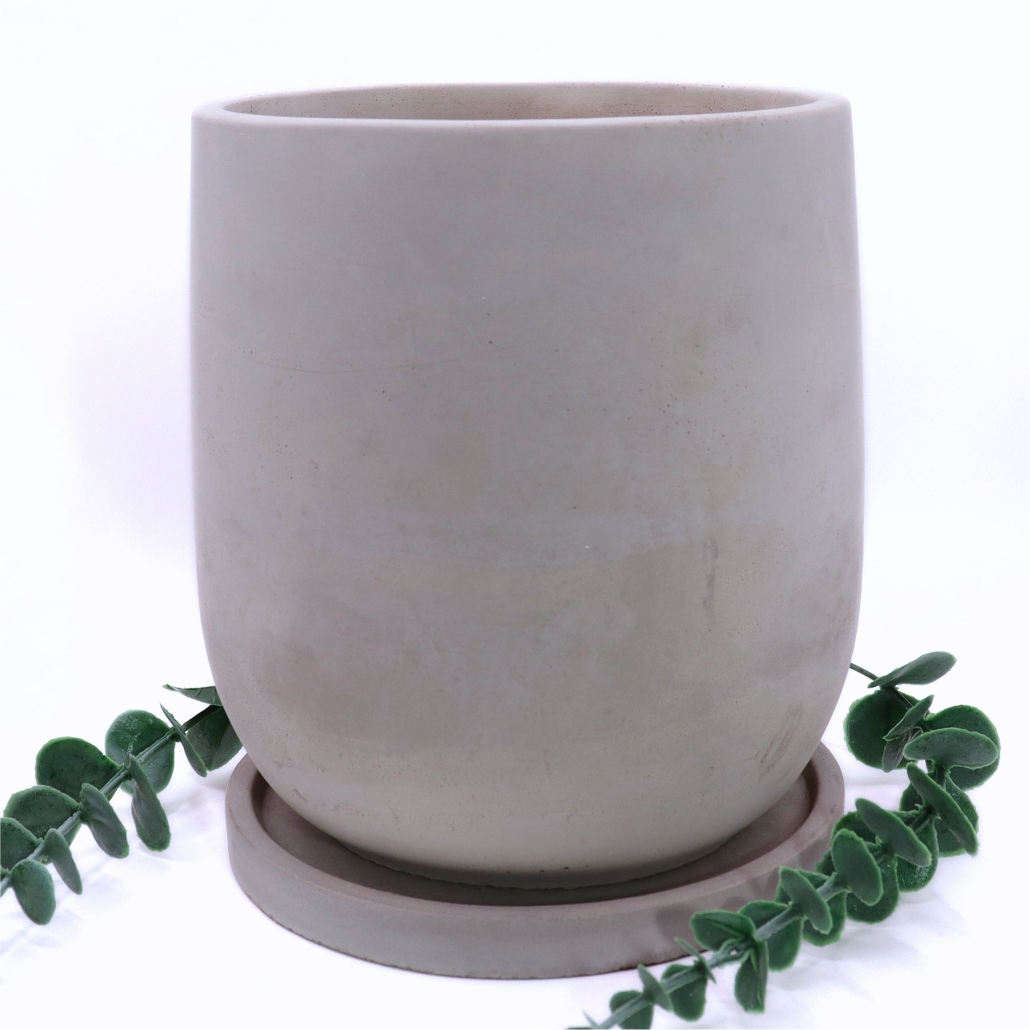Beige ceramic planter on a matching saucer against a beige background