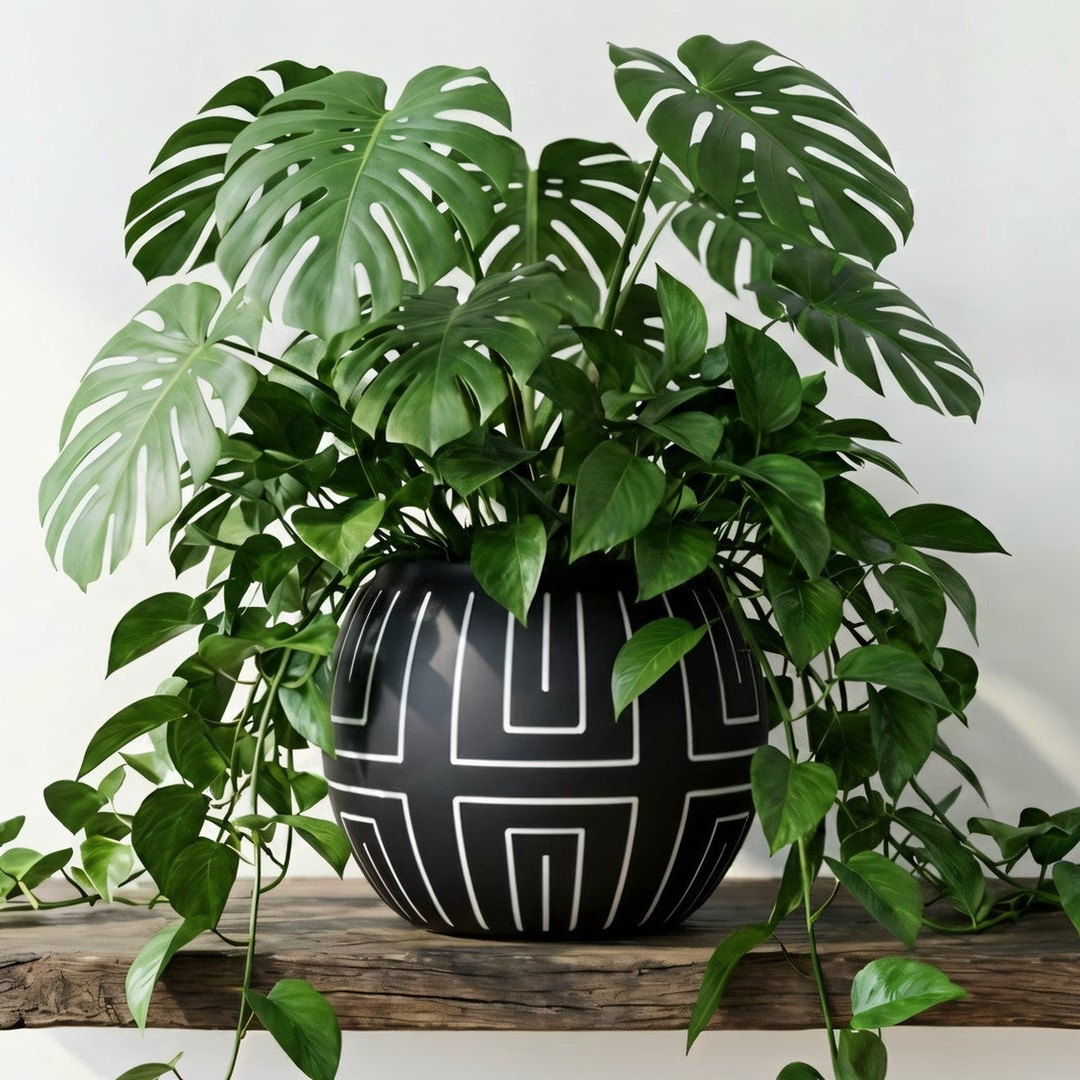 Potted plant with a black and white patterned pot on a wooden surface