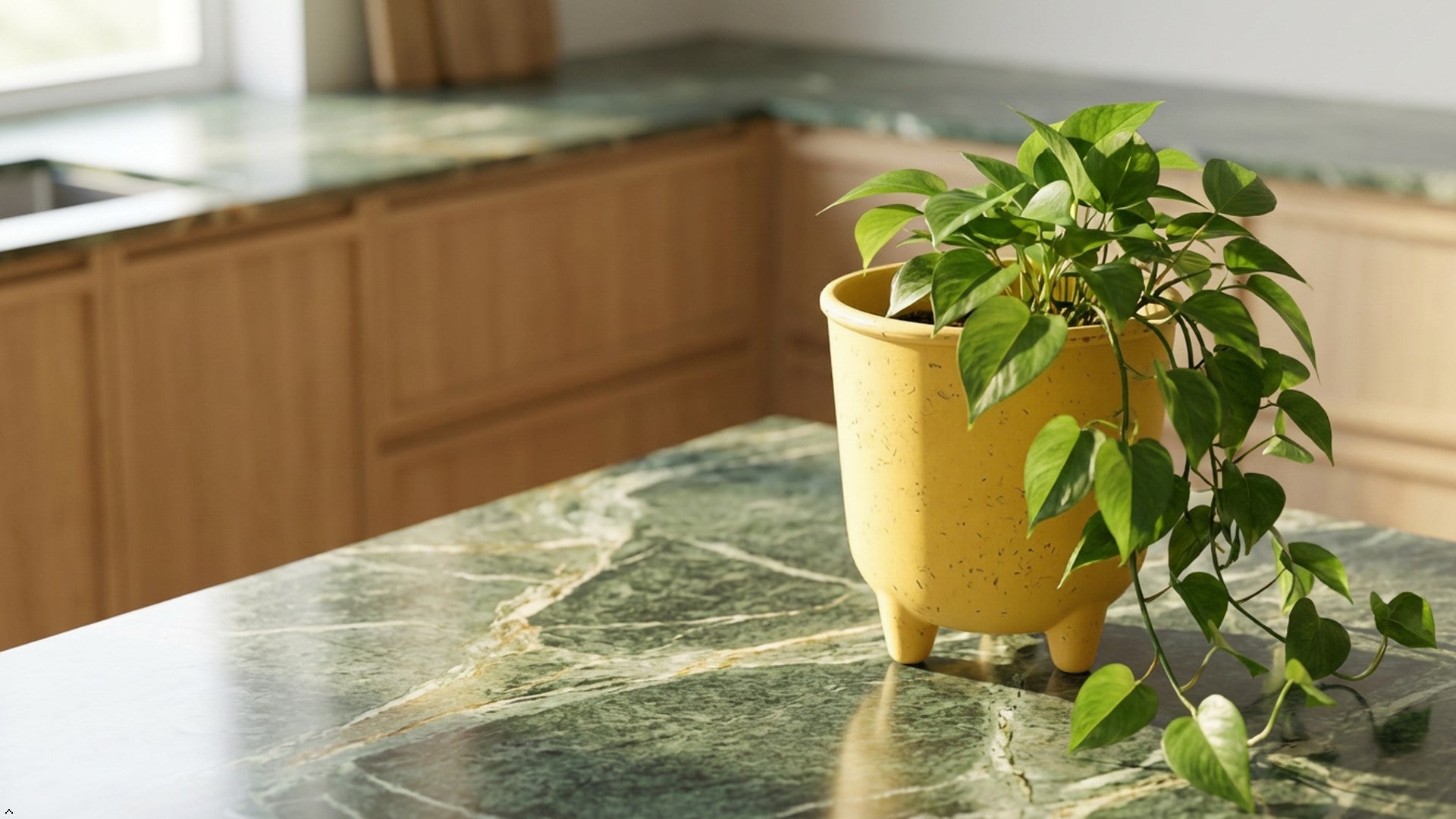 Yellow ceramic pot on a wooden surface with a gray wall background