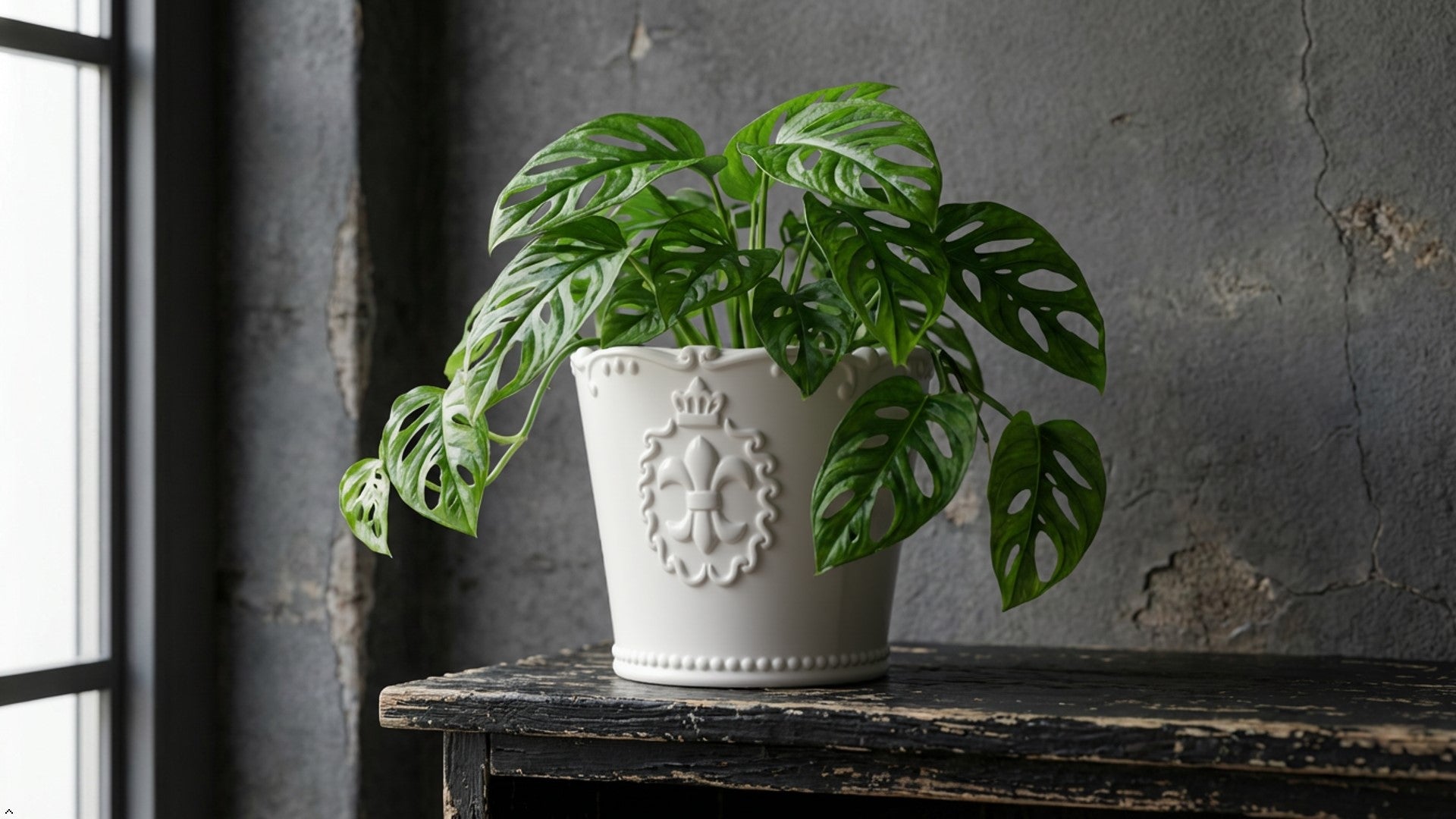 Potted plant in a decorative white pot on a wooden surface with a dark, textured wall background.