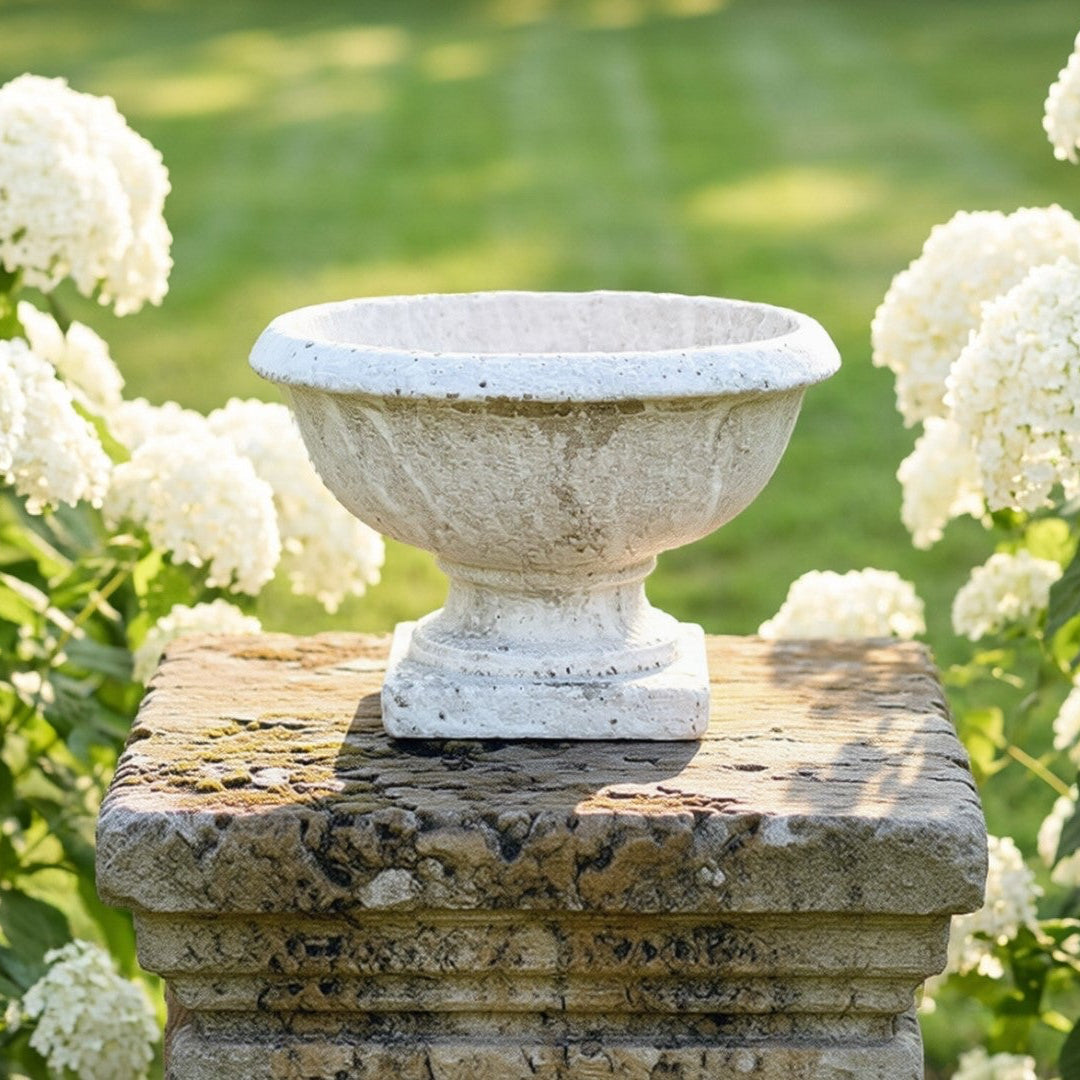 Decorative stone urn on a pedestal with white flowers in the background