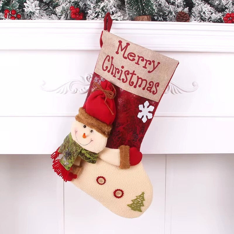 Christmas stocking with snowman design and 'Merry Christmas' text on a white background