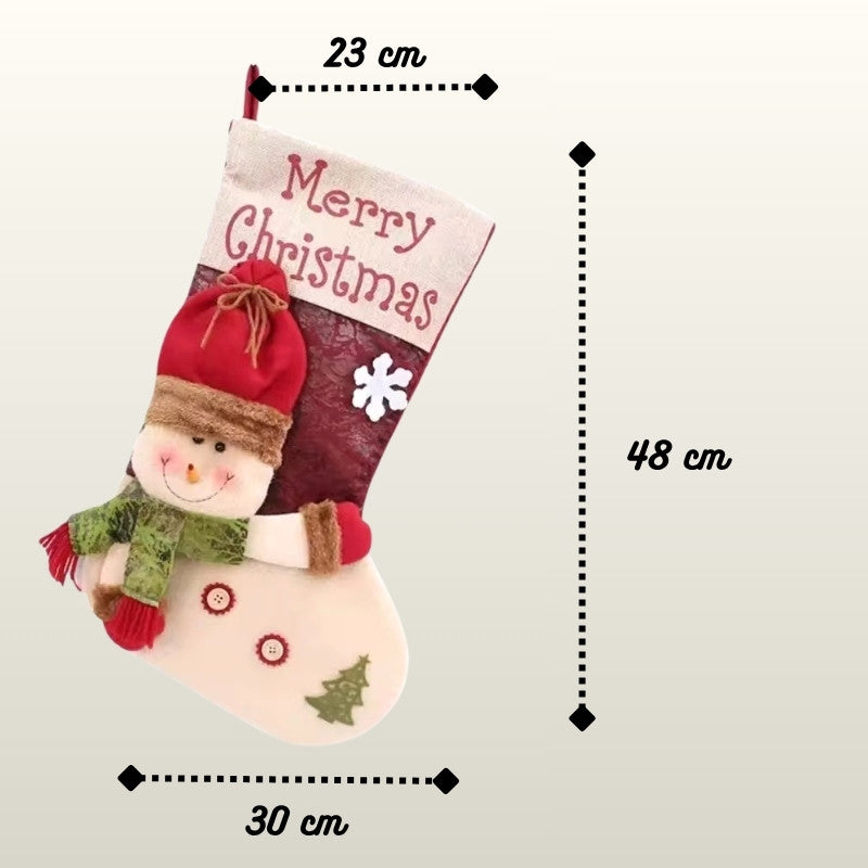 Christmas stocking with snowman design and 'Merry Christmas' text, shown with measurements on a light background.
