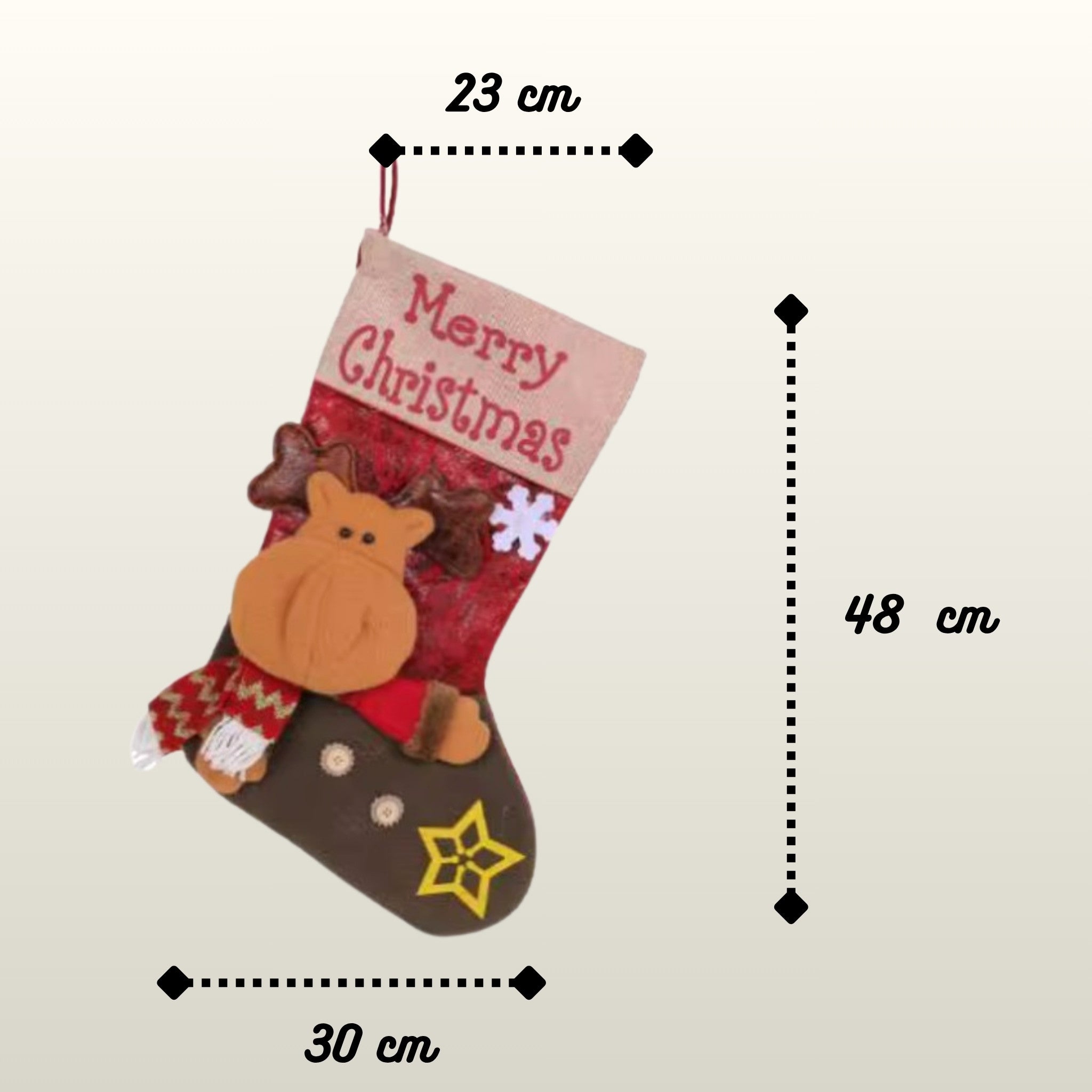 Christmas stocking with reindeer design and measurements on a beige background