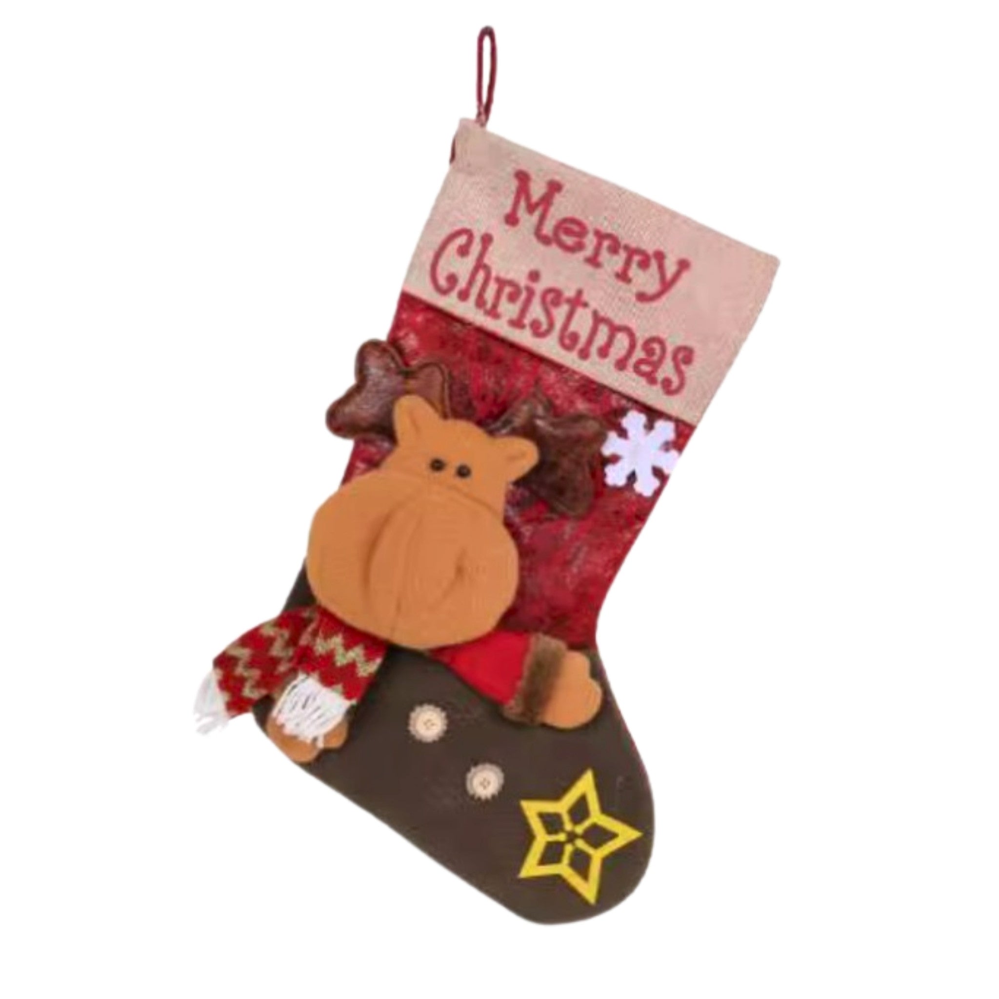 Christmas stocking with reindeer design and 'Merry Christmas' text on a white background