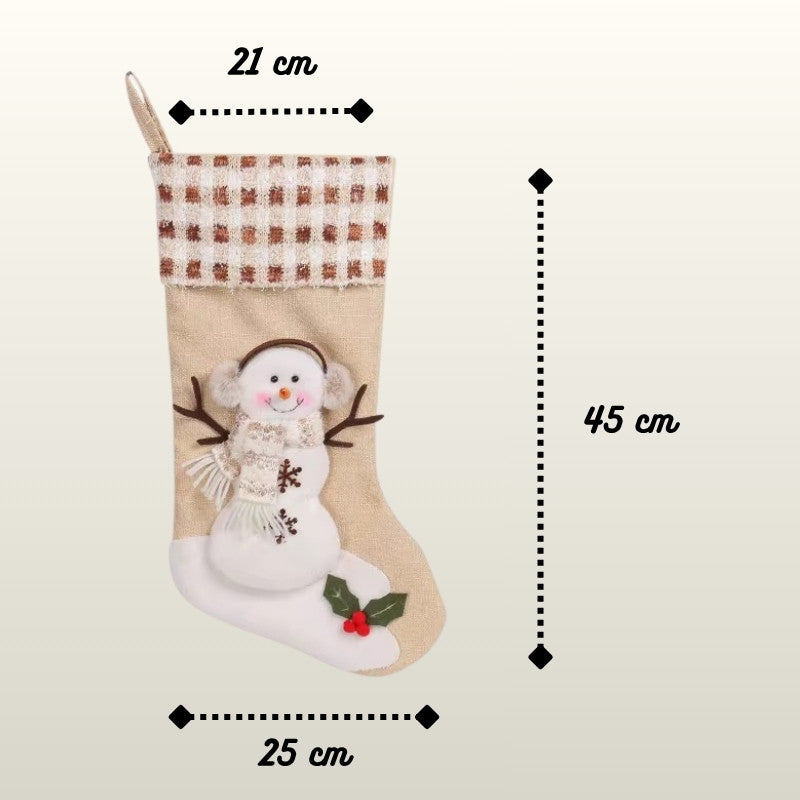 Christmas stocking with a snowman design and measurements on a beige background