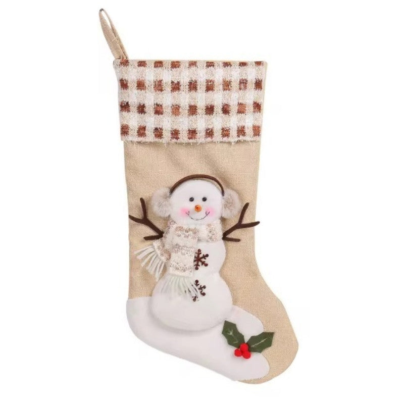 Christmas stocking with a snowman design on a white background